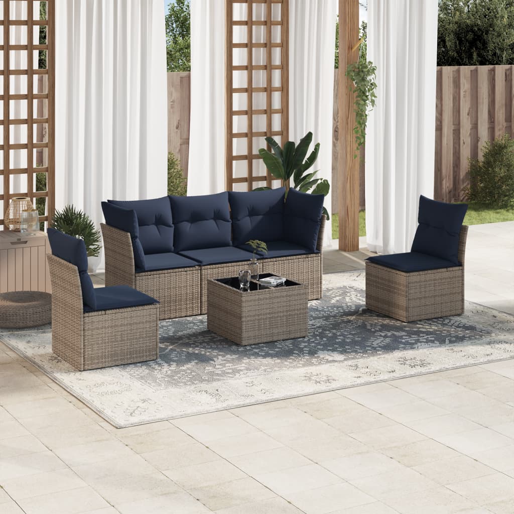6-tlg. Garten-Sofagarnitur mit Kissen Grau Poly Rattan