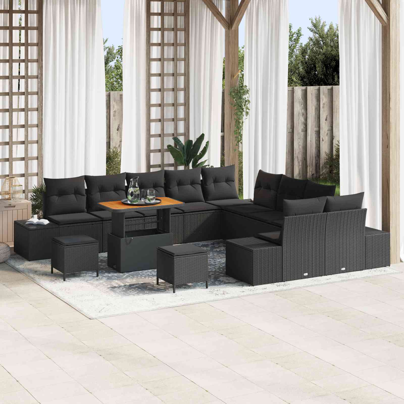 13-teilige Garten Sofaset mit Kissen Schwarz Poly Rattan Akazie