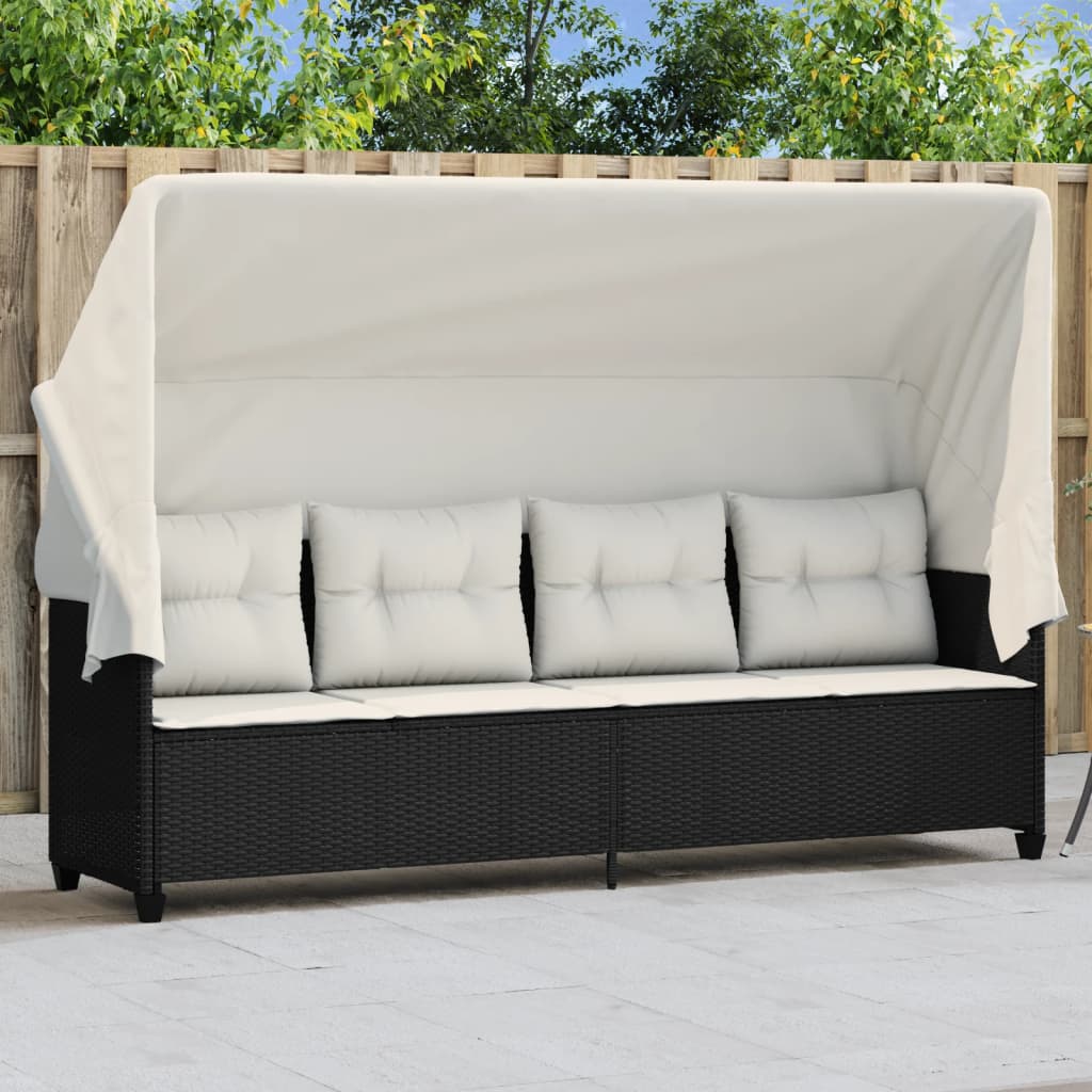 Sonnenliege mit Dach und Kissen Schwarz Poly Rattan Sonnenliege mit Dach und Kissen Schwarz Poly Rattan