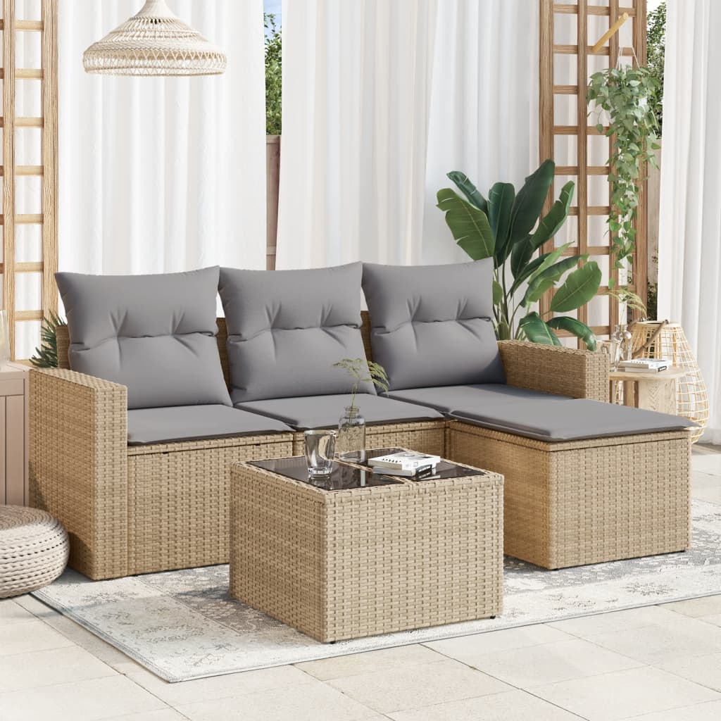 5-tlg. Garten-Sofagarnitur mit Kissen Beige Poly Rattan 5-tlg. Garten-Sofagarnitur mit Kissen Beige Poly Rattan