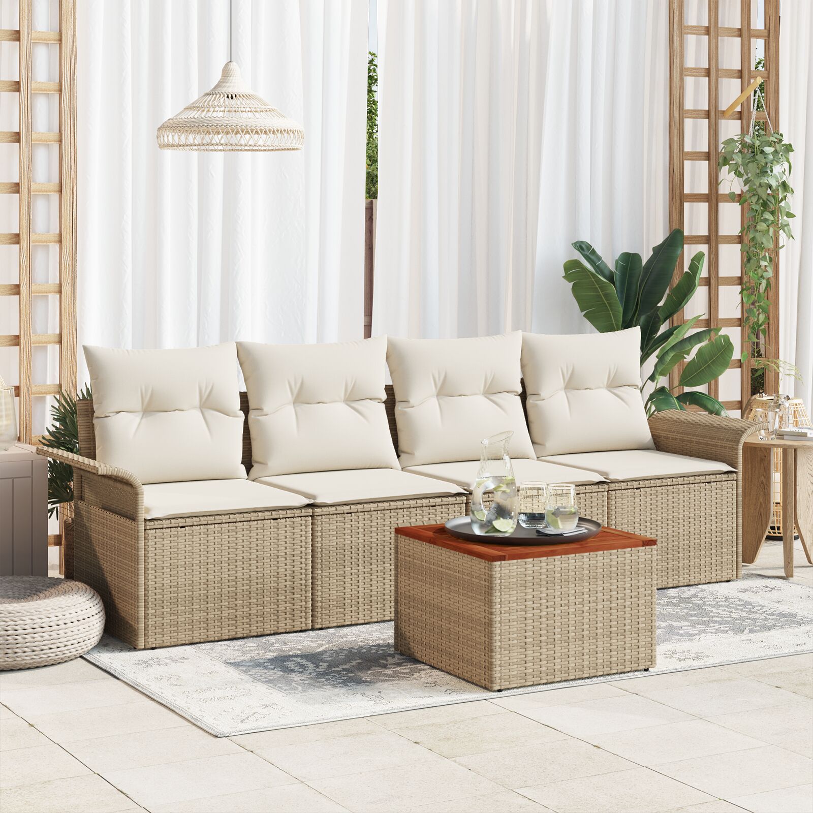 5-teiliges Garten Sofa Set mit Kissen Beige Poly Rattan Akazie 5-teiliges Garten Sofa Set mit Kissen Beige Poly Rattan Akazie