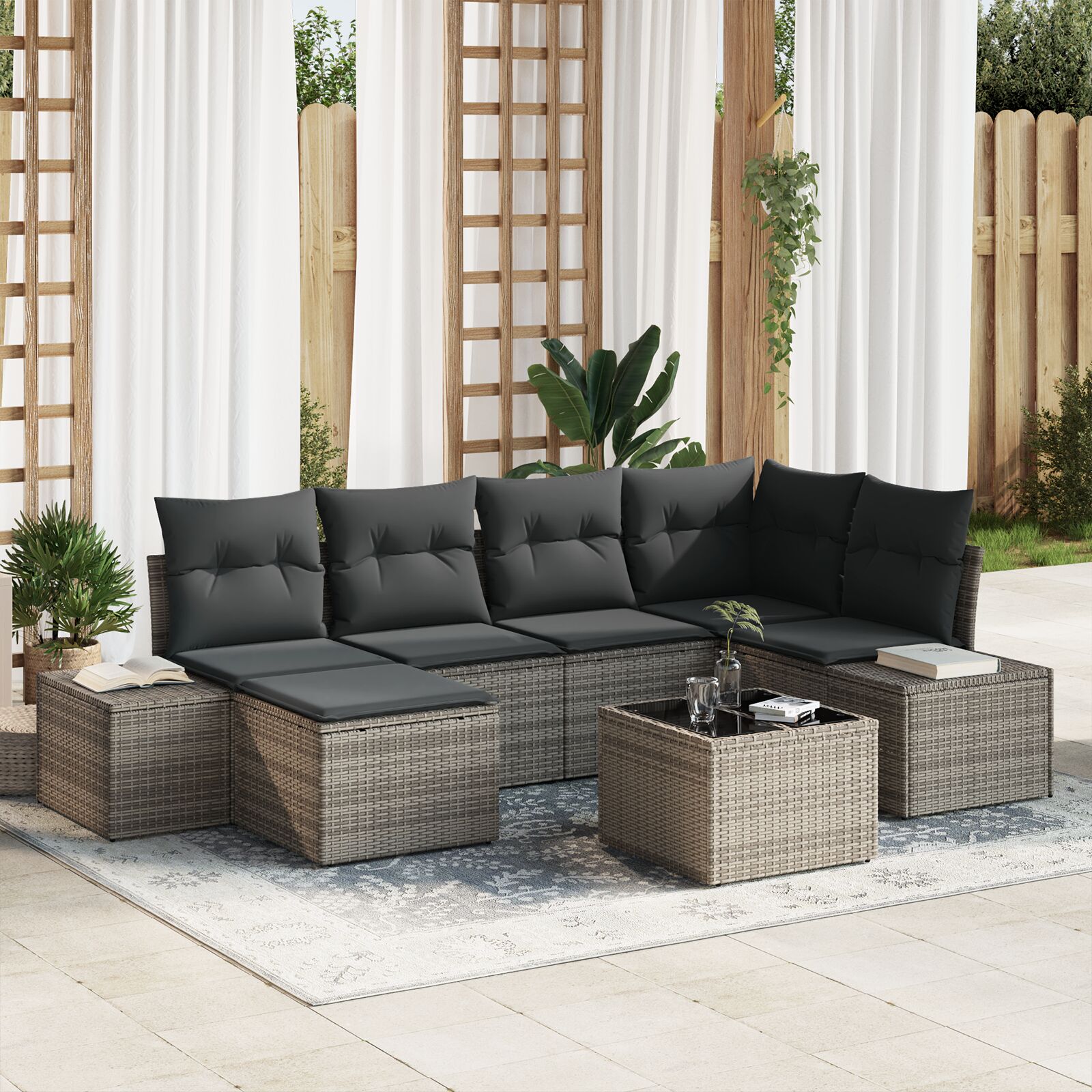 6-teiliges Garten Sofa Set mit Kissen Schwarz Poly Rattan