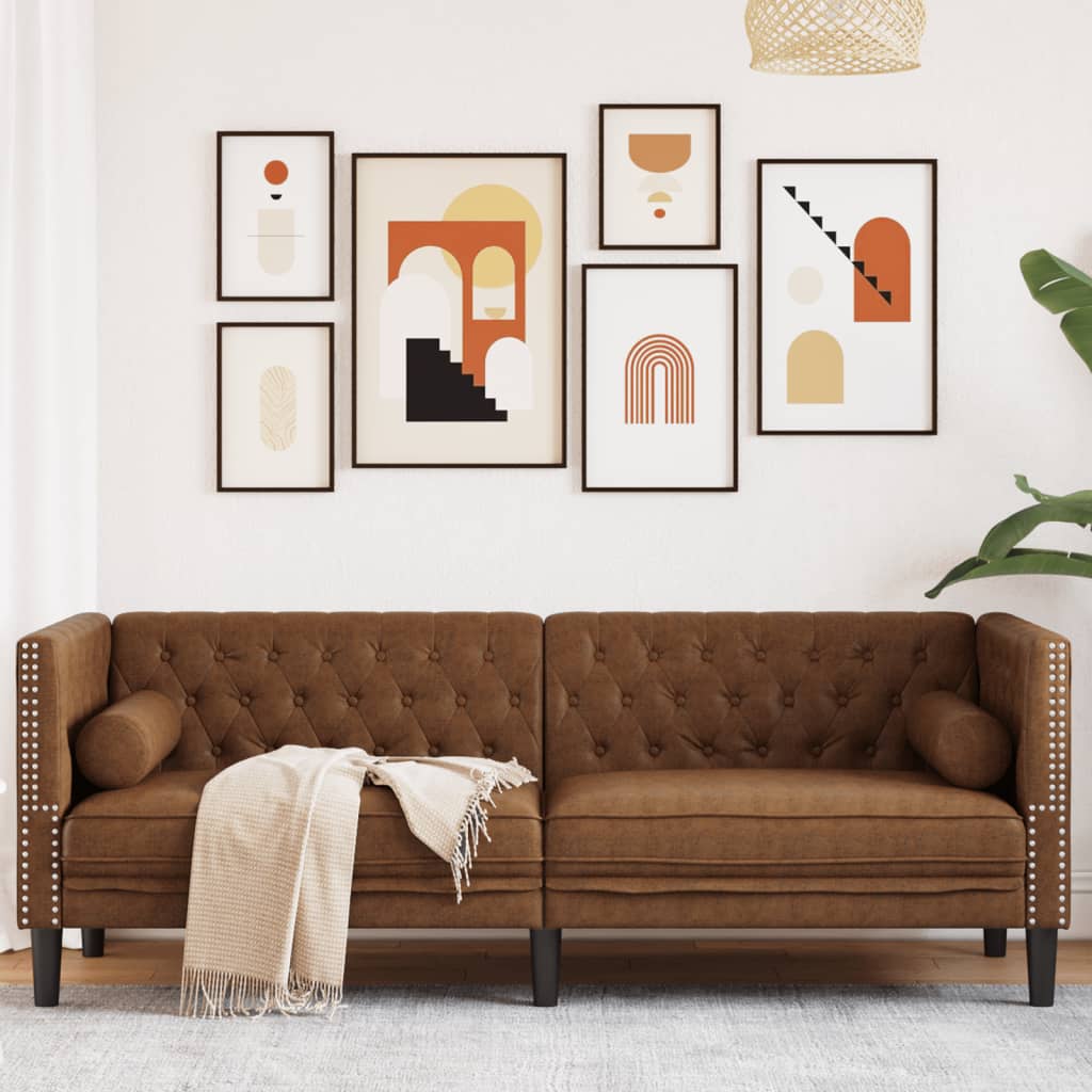 Chesterfield-Sofa 3-Sitzer Braun Kunstleder in Wildleder-Optik Chesterfield-Sofa 3-Sitzer Braun Kunstleder in Wildleder-Optik