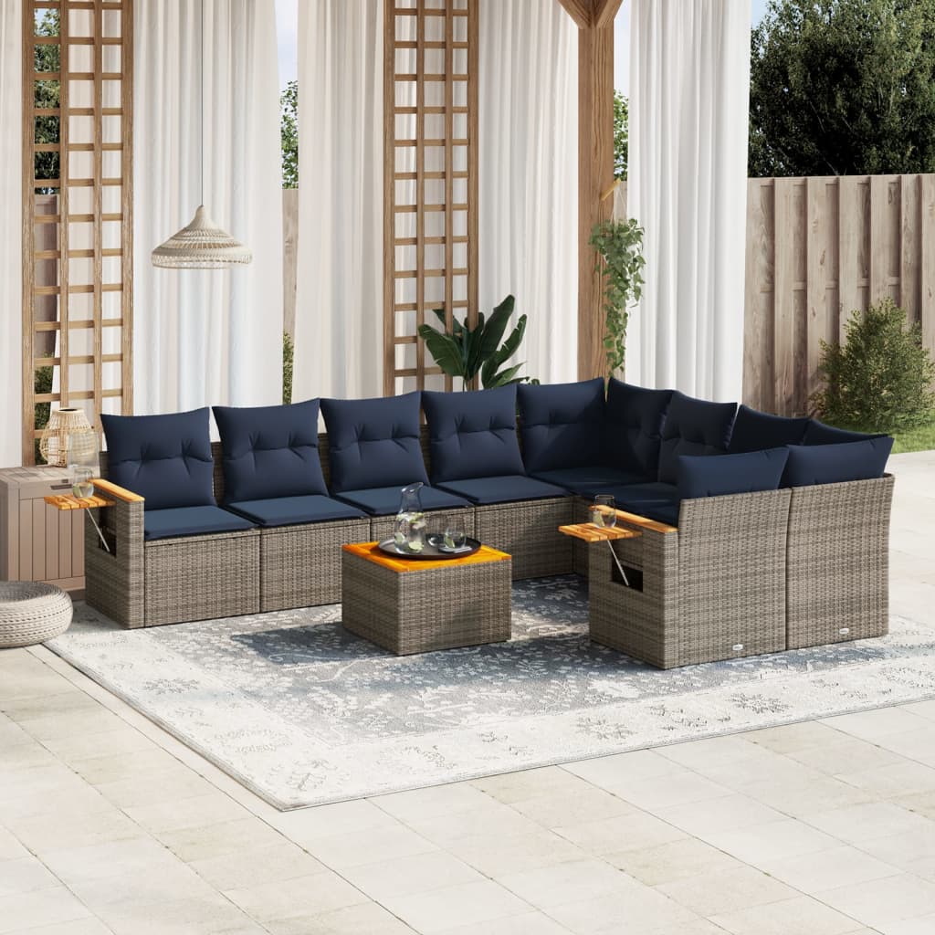 10-tlg. Garten-Sofagarnitur mit Kissen Grau Poly Rattan