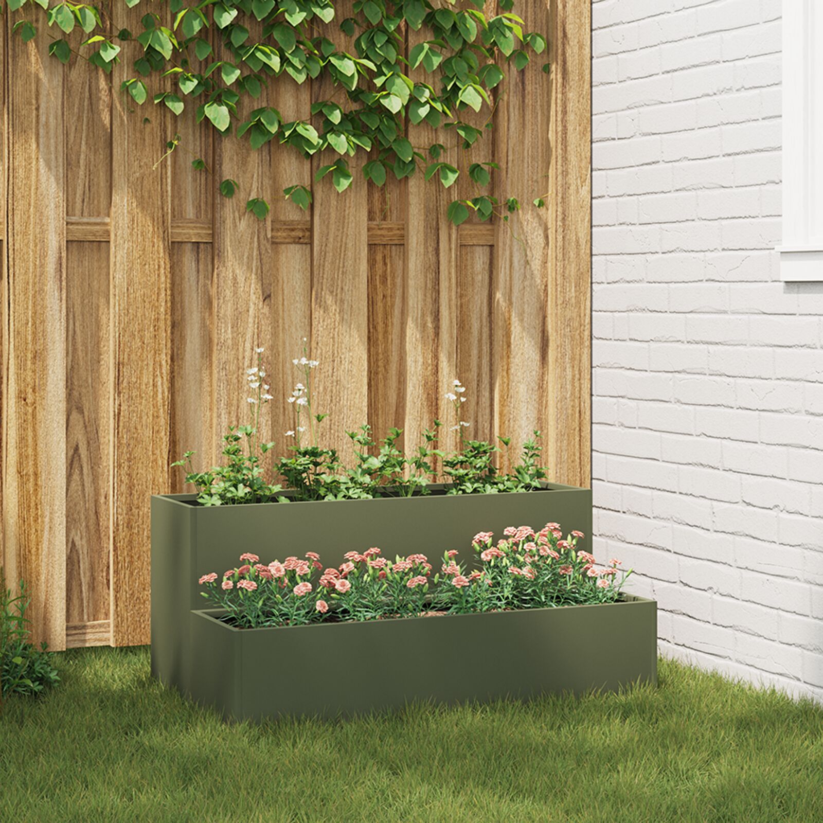 vidaXL Gartenpflanzer 2-stufig 100x60x45 cm Olivgrün Stahl