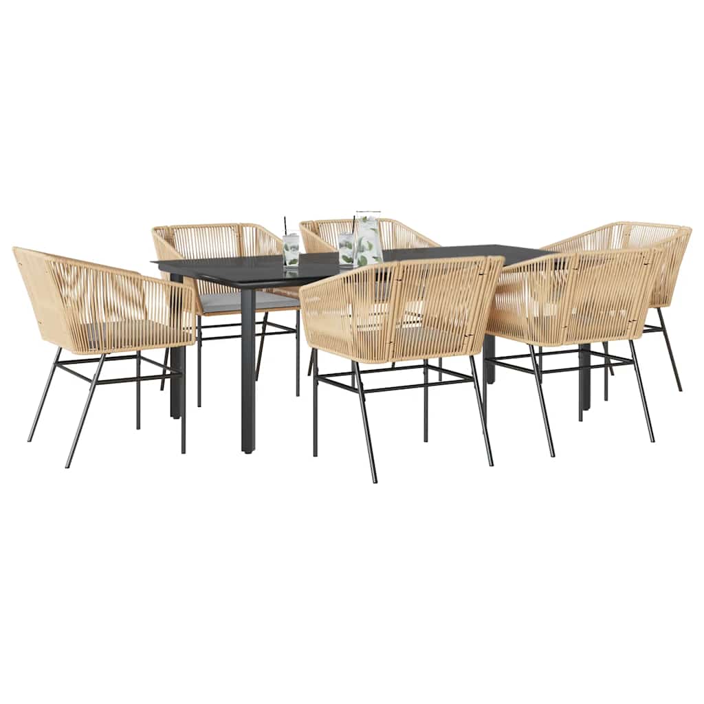 7-tlg. Garten-Essgruppe mit Kissen Braun Poly Rattan Glas 7-tlg. Garten-Essgruppe mit Kissen Braun Poly Rattan Glas