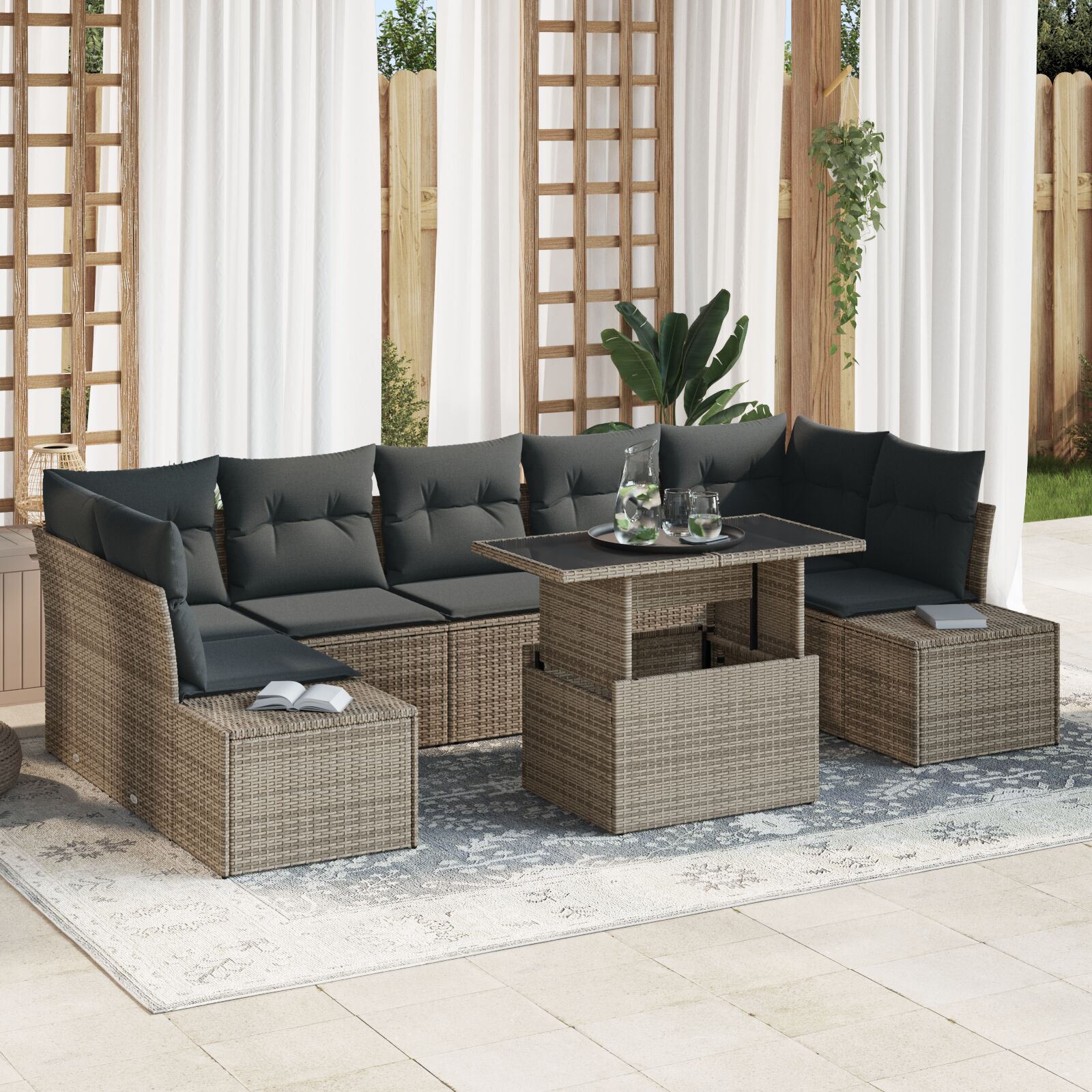 8-teiliges Garten Sofa Set mit Kissen Grau Poly Rattan 8-teiliges Garten Sofa Set mit Kissen Grau Poly Rattan