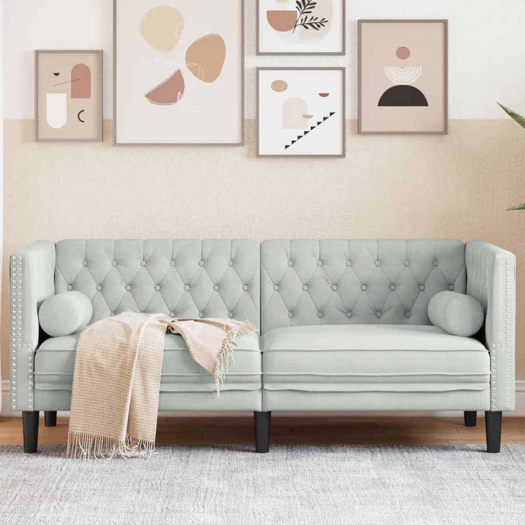 Chesterfield-Sofa mit Nackenrollen 2-Sitzer Hellgrau Samt Chesterfield-Sofa mit Nackenrollen 2-Sitzer Hellgrau Samt
