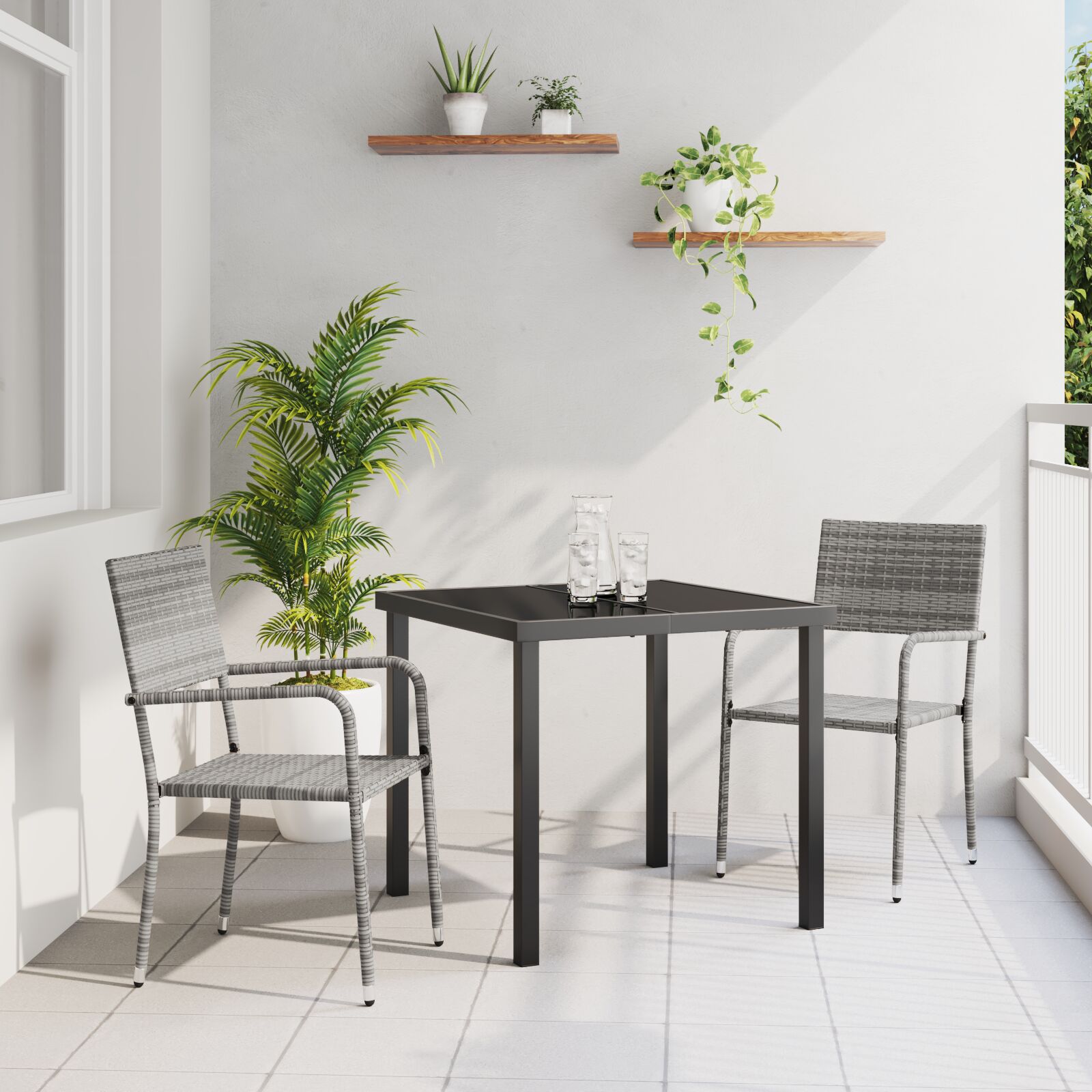 3-teiliges Garten-Essset Grau Poly-Rattan