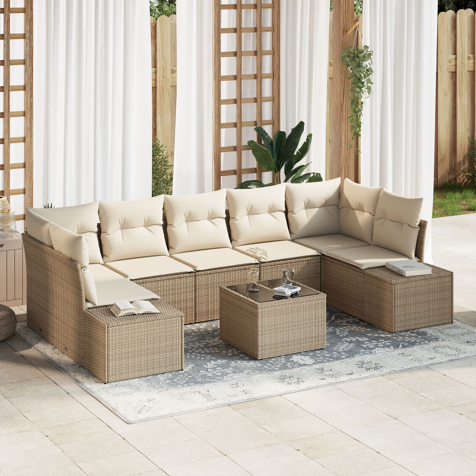 8 teiliges Garten Sofa Set mit Kissen Beige Poly Rattan