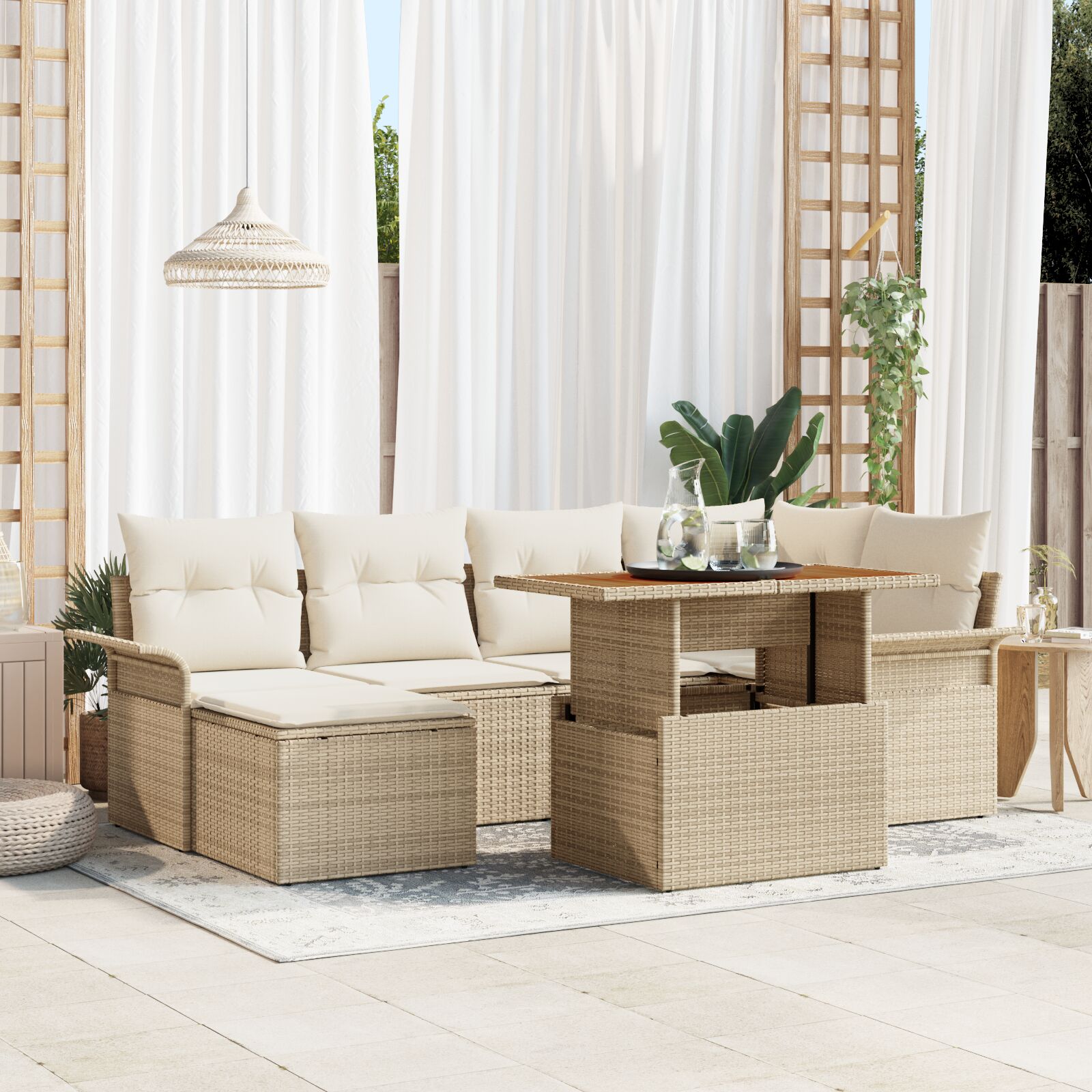 7-teiliges Garten-Esszimmer-Set mit Kissen, Beige Poly Rattan Akazie