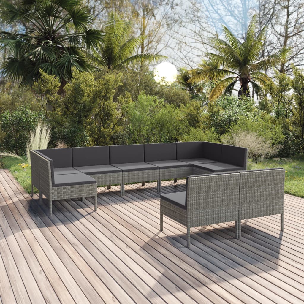9-tlg. Garten-Lounge-Set mit Auflagen Poly Rattan Grau 9-tlg. Garten-Lounge-Set mit Auflagen Poly Rattan Grau