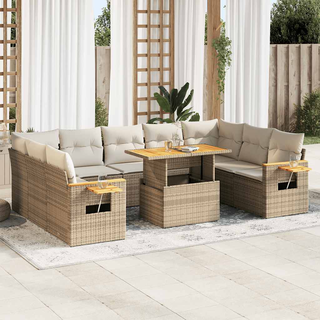 10-tlg. Garten-Sofagarnitur mit Kissen Beige Poly Rattan Akazie 10-tlg. Garten-Sofagarnitur mit Kissen Beige Poly Rattan Akazie
