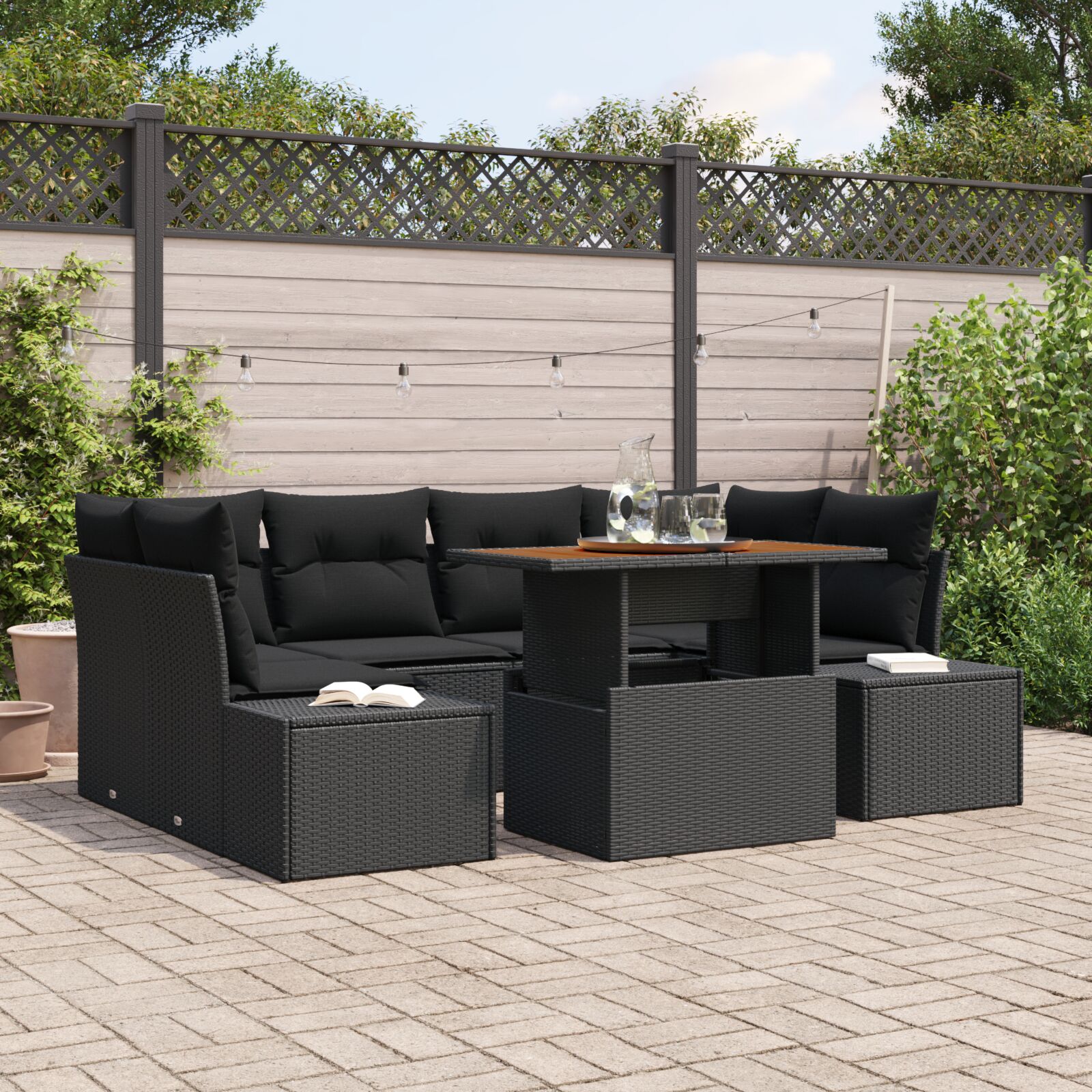 7-teiliges Garten Sofa Set mit Kissen Schwarz Poly Rattan 7-teiliges Garten Sofa Set mit Kissen Schwarz Poly Rattan