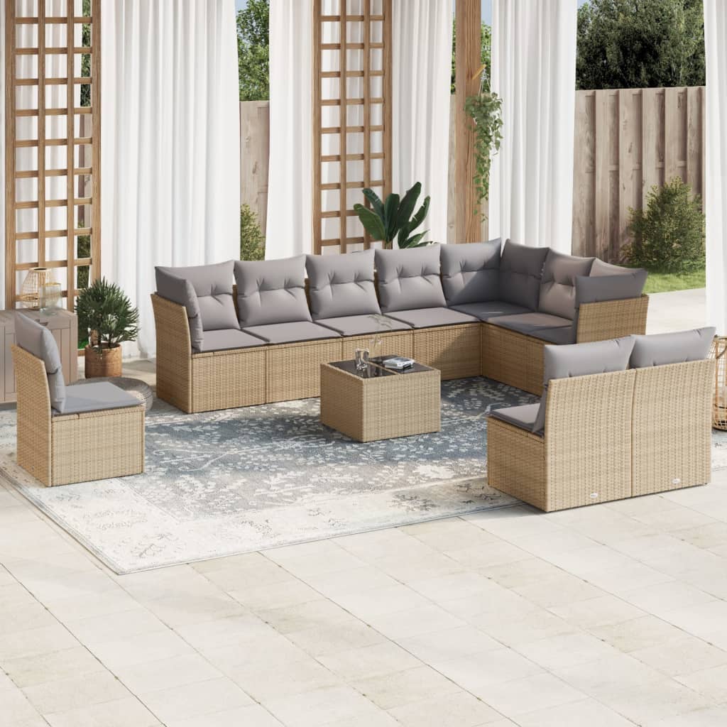 11-tlg. Garten-Sofagarnitur mit Kissen Beige Poly Rattan 11-tlg. Garten-Sofagarnitur mit Kissen Beige Poly Rattan