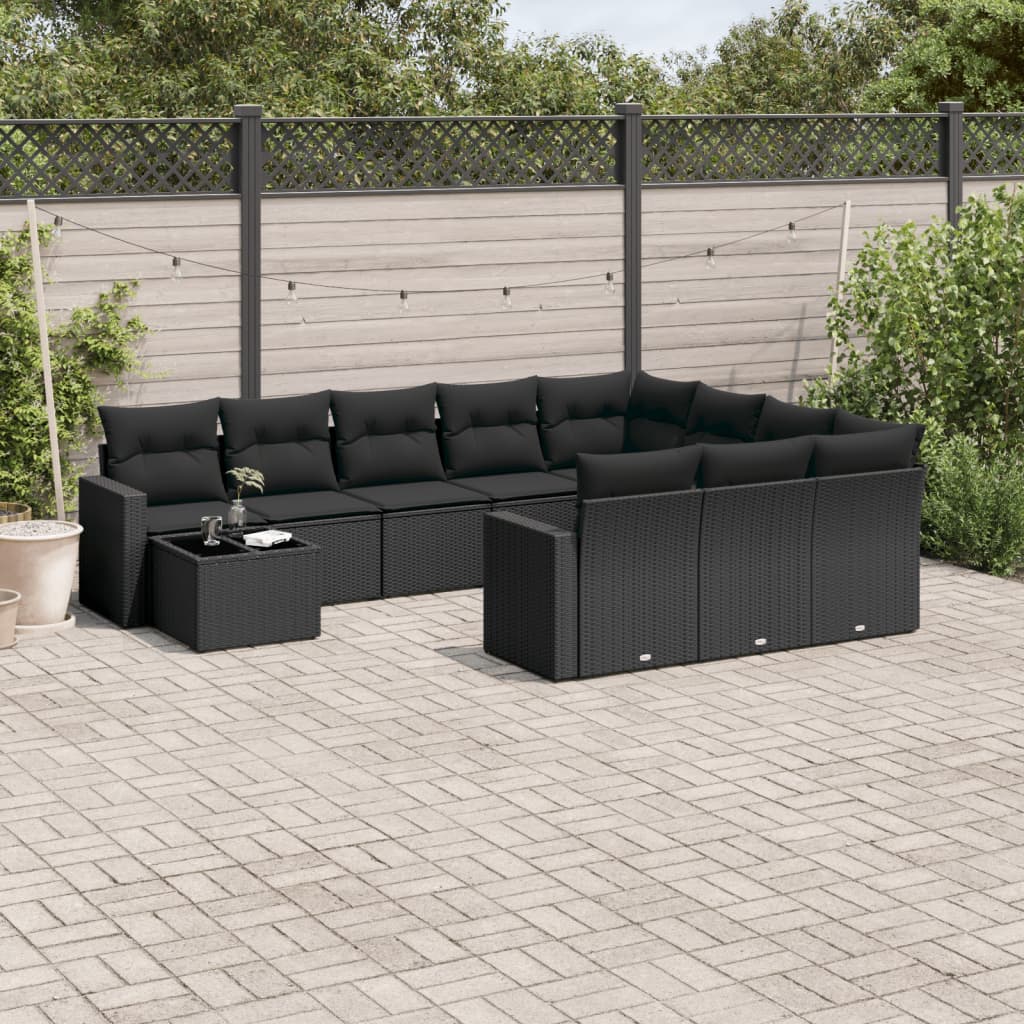 11-tlg. Garten-Sofagarnitur mit Kissen Schwarz Poly Rattan 11-tlg. Garten-Sofagarnitur mit Kissen Schwarz Poly Rattan