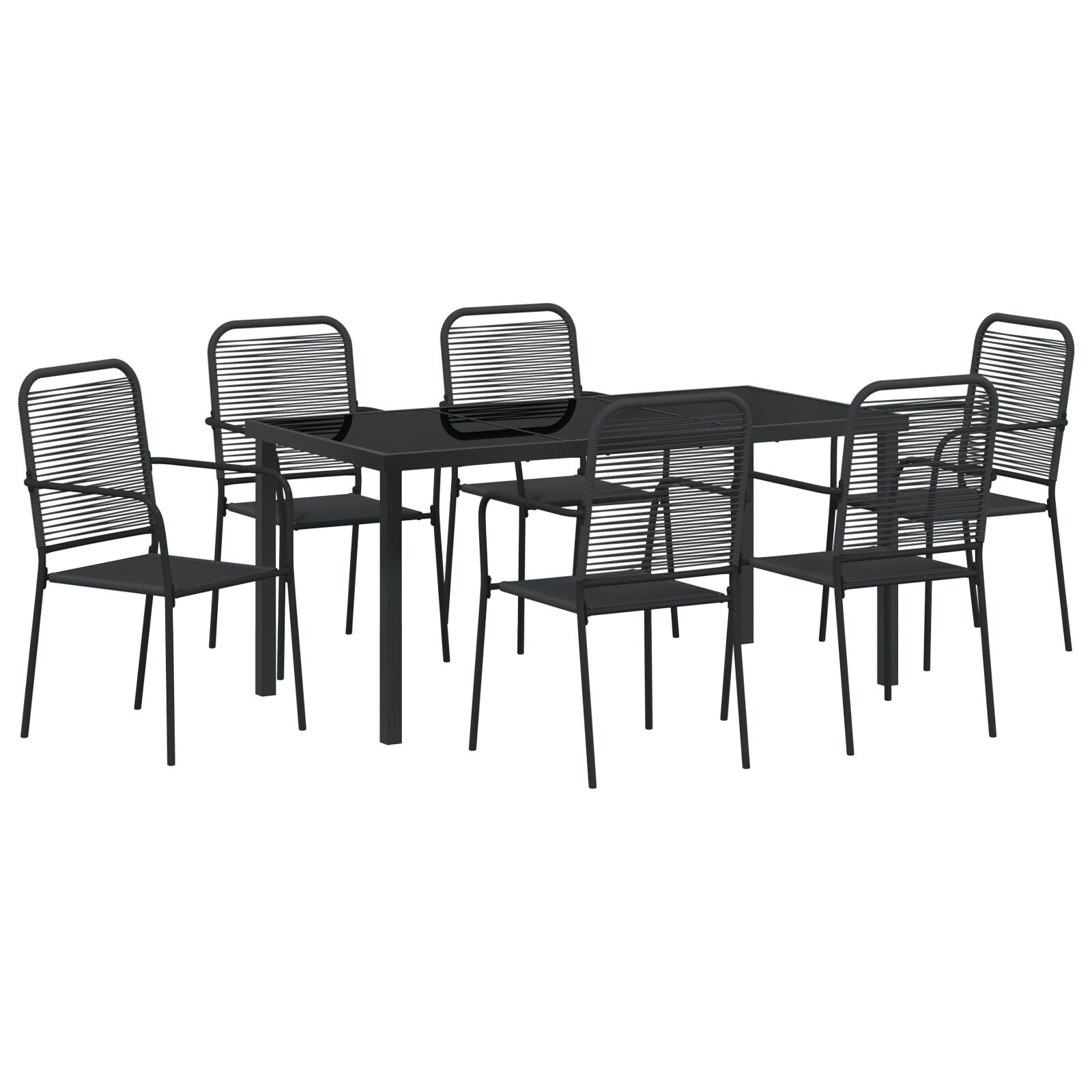 7-teiliges Garten-Esszimmer-Set Schwarz Baumwollseil und Stahl 7-teiliges Garten-Esszimmer-Set Schwarz Baumwollseil und Stahl