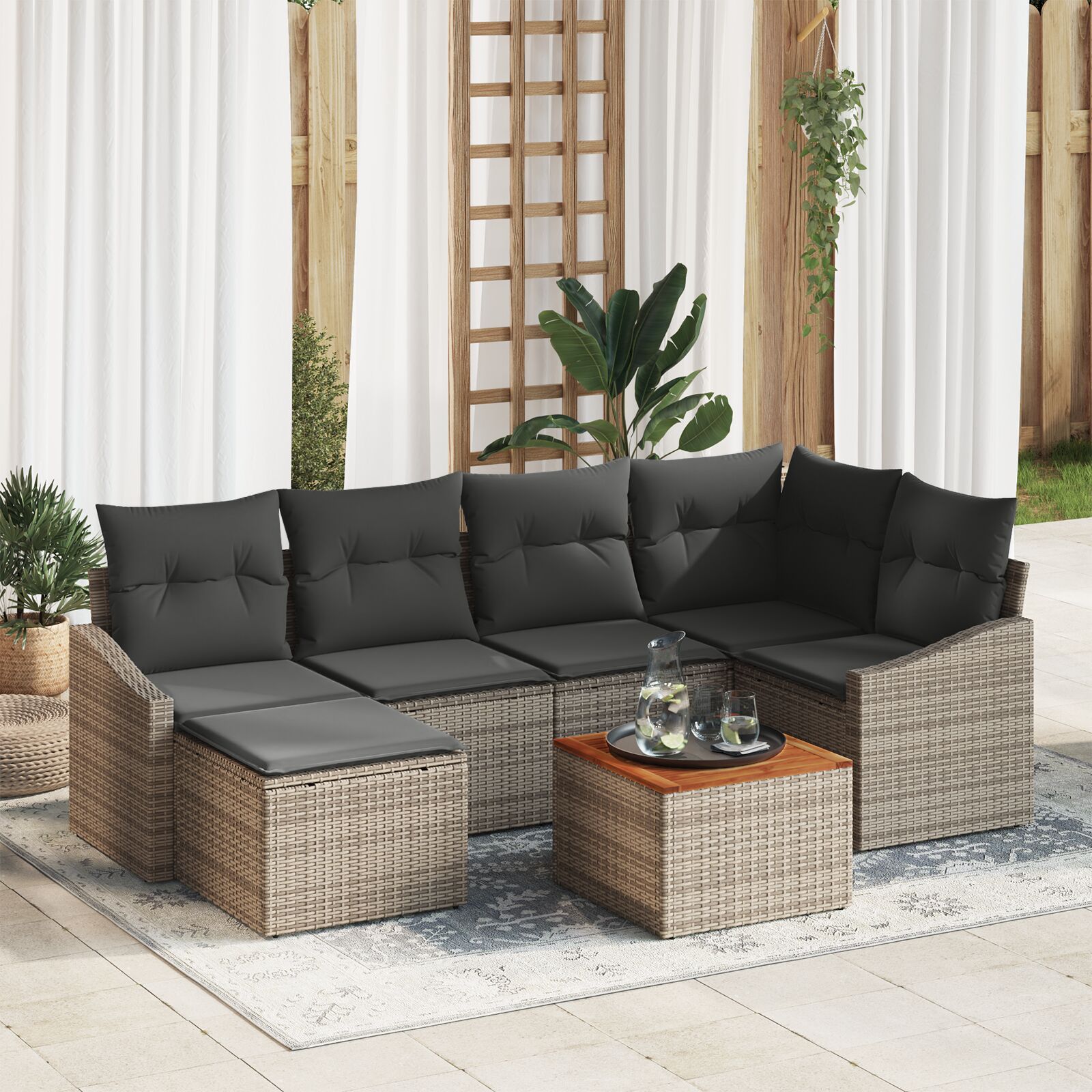 7-teiliges Garten Sofa Set mit Kissen Grau Poly Rattan Akazie