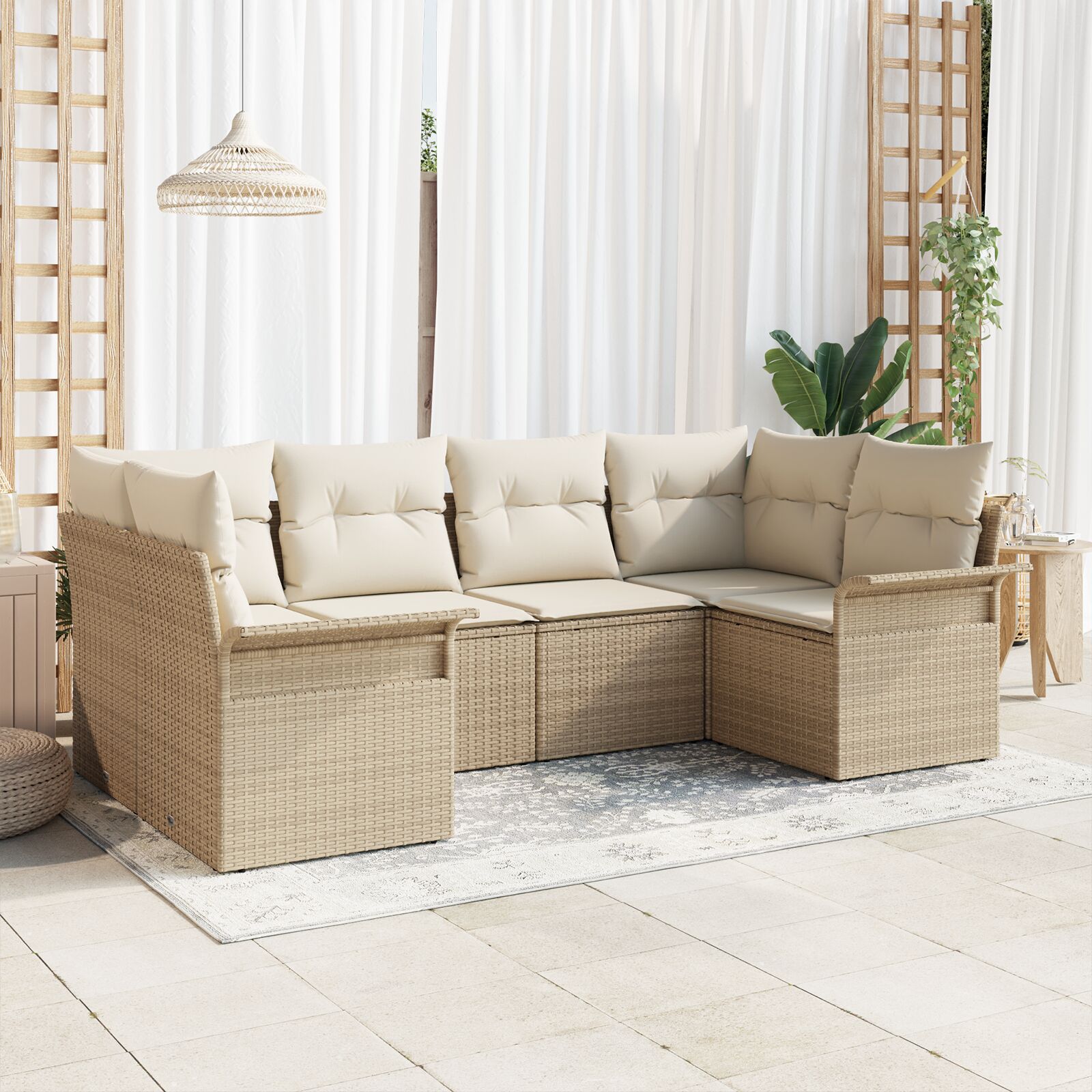 6-teiliges Garten Sofa Set mit Kissen Beige Poly Rattan