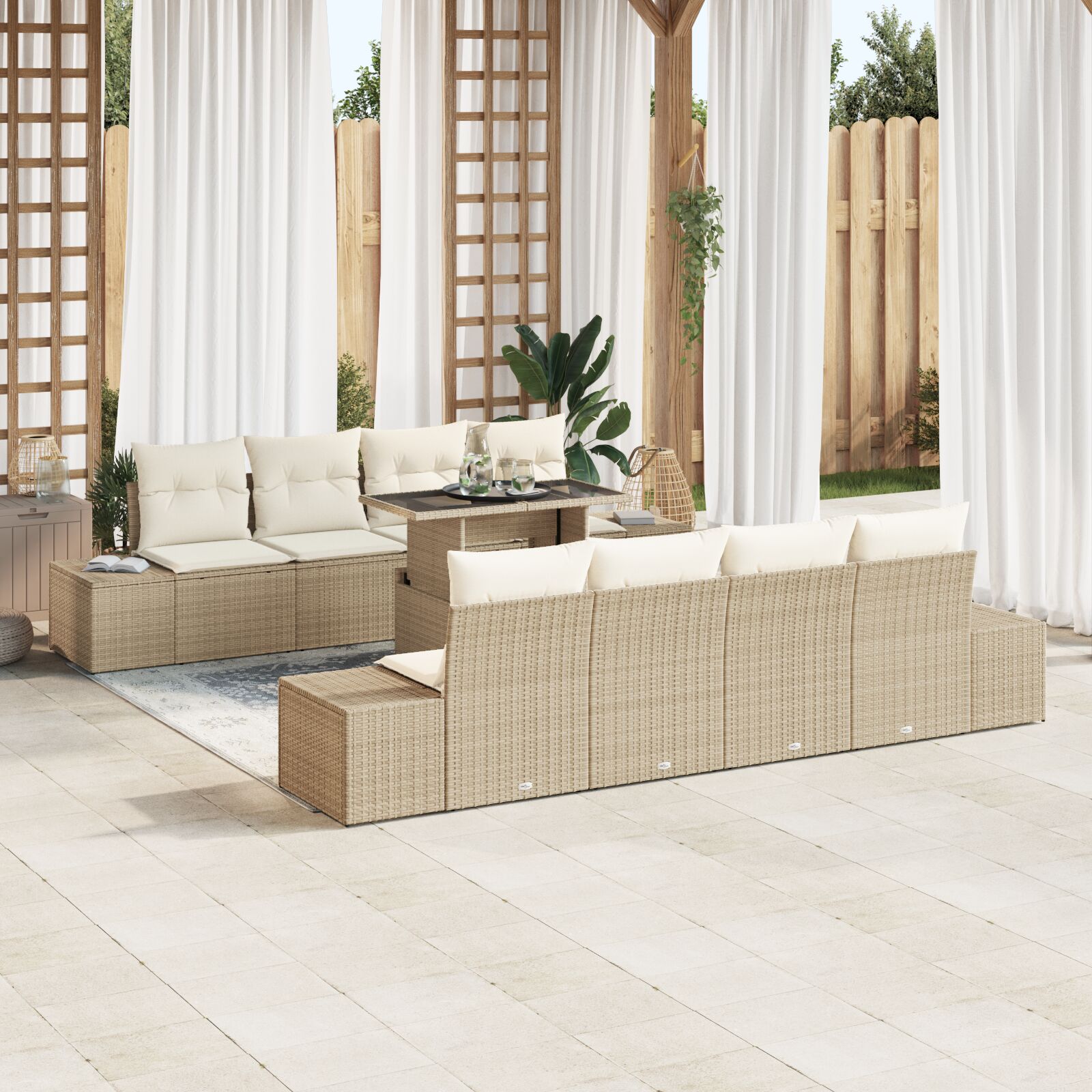 vidaXL Garten Sofa Set 7-teilig Beige Rattan, Polyester, Metall