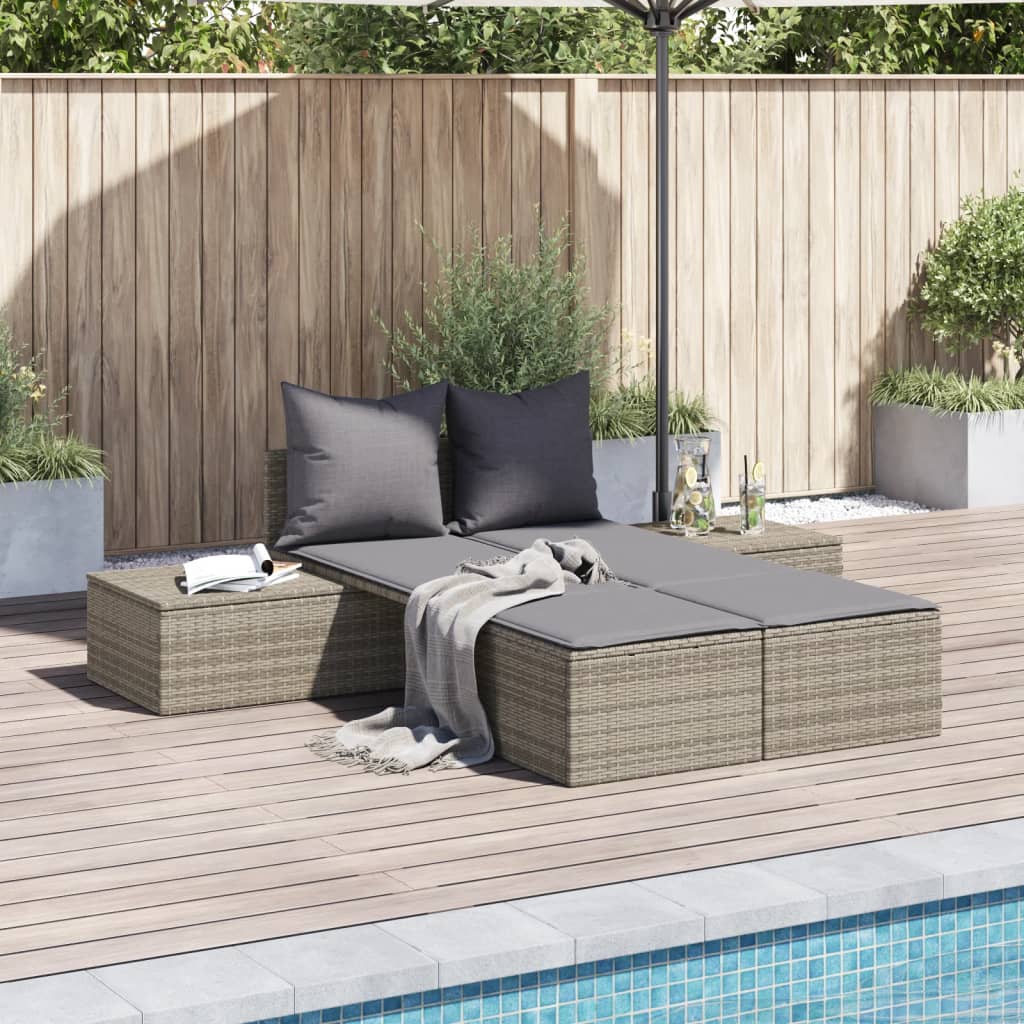Doppel-Sonnenliege mit Kissen Grau Poly Rattan Doppel-Sonnenliege mit Kissen Grau Poly Rattan