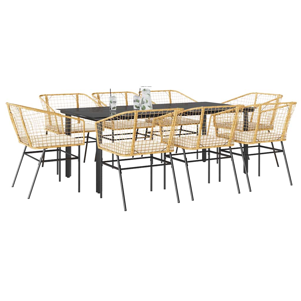 9-tlg. Garten-Essgruppe mit Kissen Braun Poly Rattan Glas 9-tlg. Garten-Essgruppe mit Kissen Braun Poly Rattan Glas