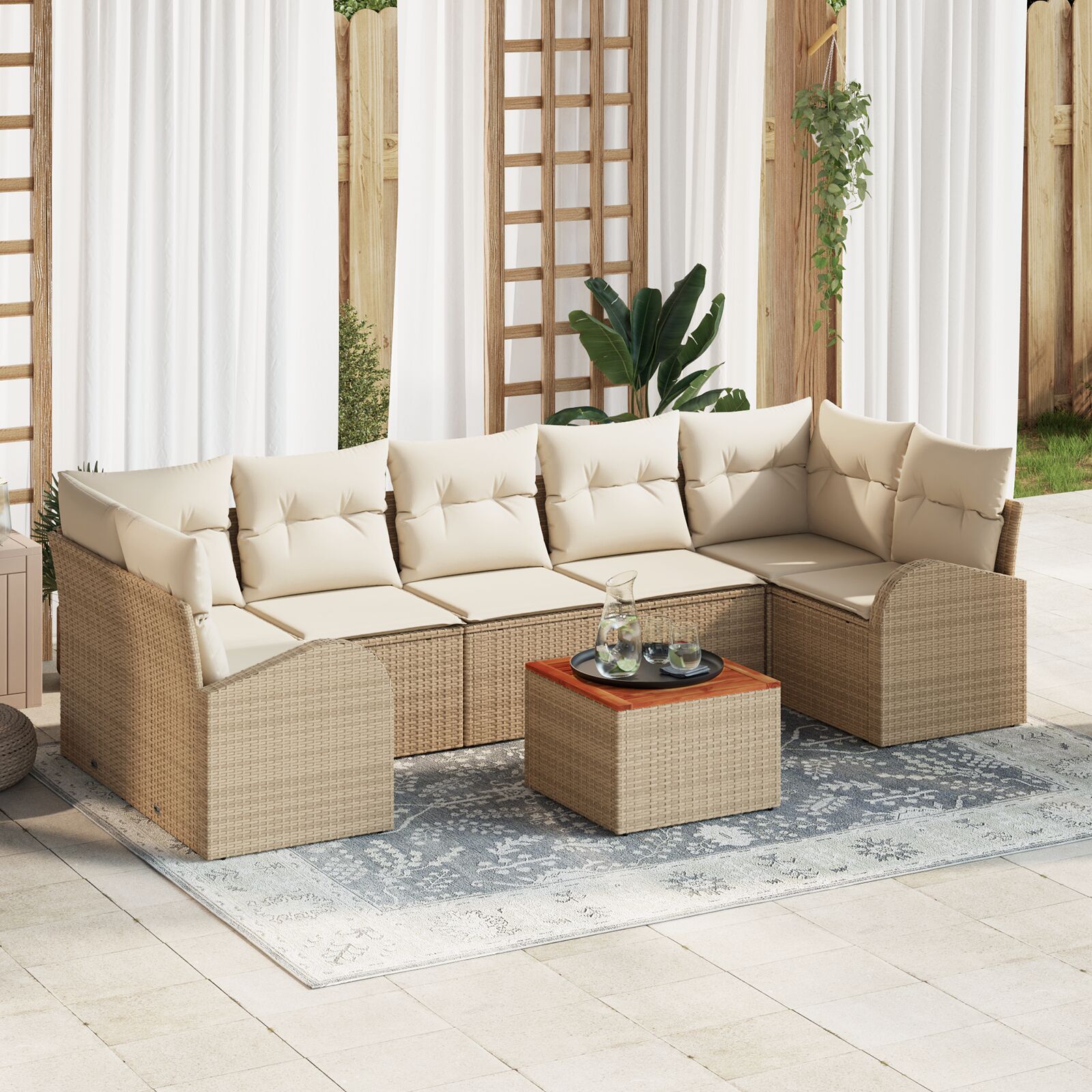 8-teiliges Garten Sofa Set mit Kissen Beige Poly Rattan Akazie 8-teiliges Garten Sofa Set mit Kissen Beige Poly Rattan Akazie