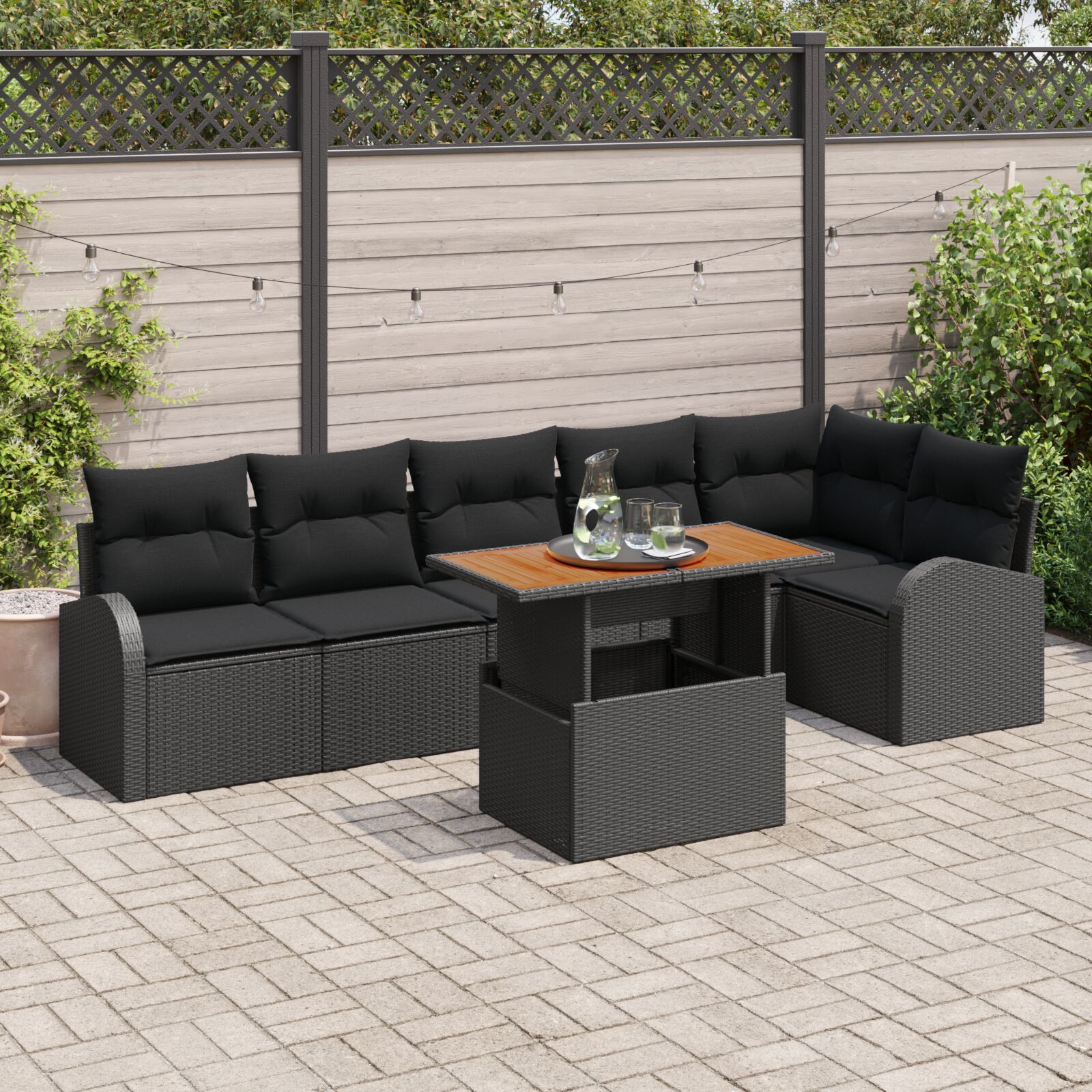 7-teiliges Garten Essset mit Kissen Schwarz Poly Rattan Akazie 7-teiliges Garten Essset mit Kissen Schwarz Poly Rattan Akazie