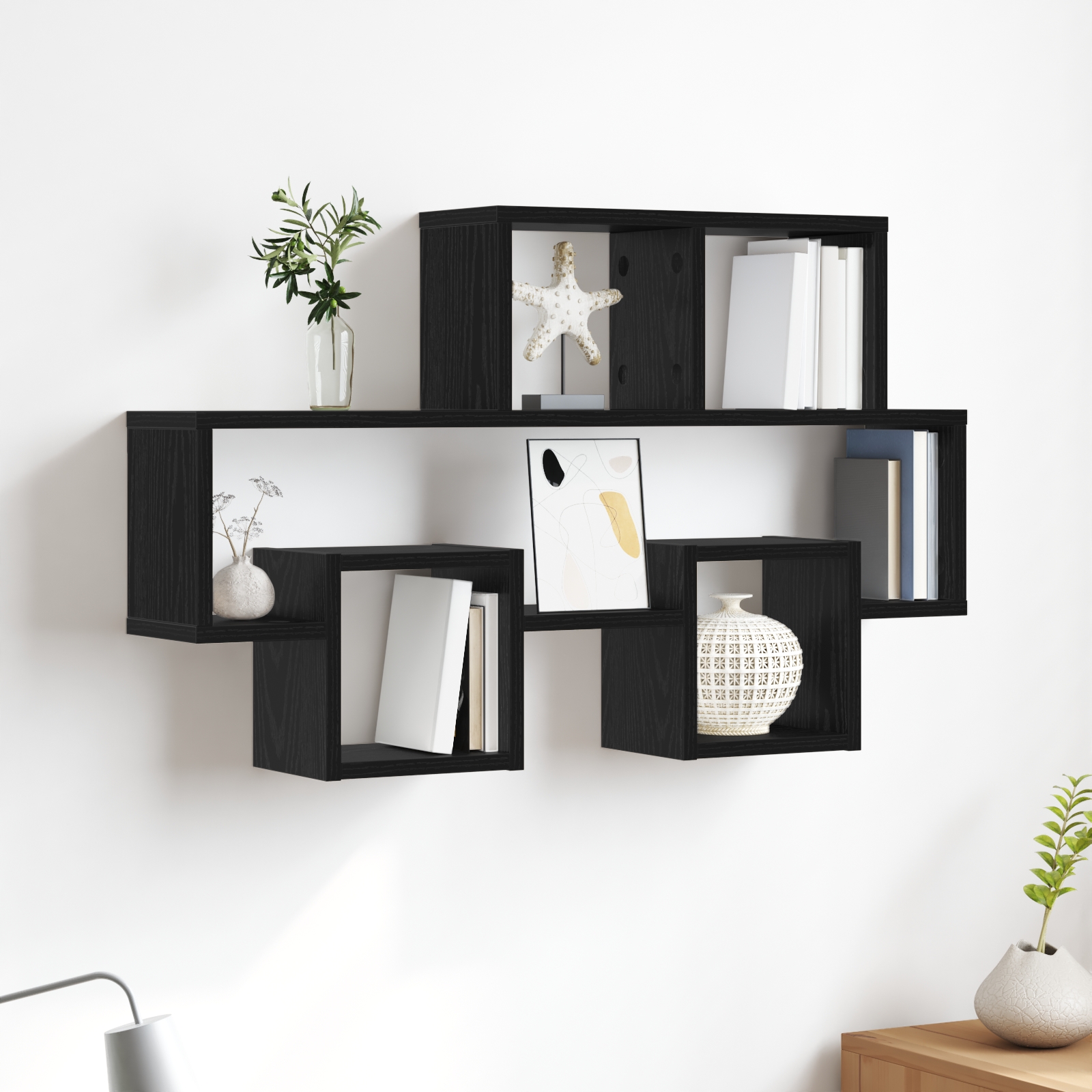 Wandregal mit Regal Schwarz Eiche 82 x 15 x 51 cm Holzwerkstoff