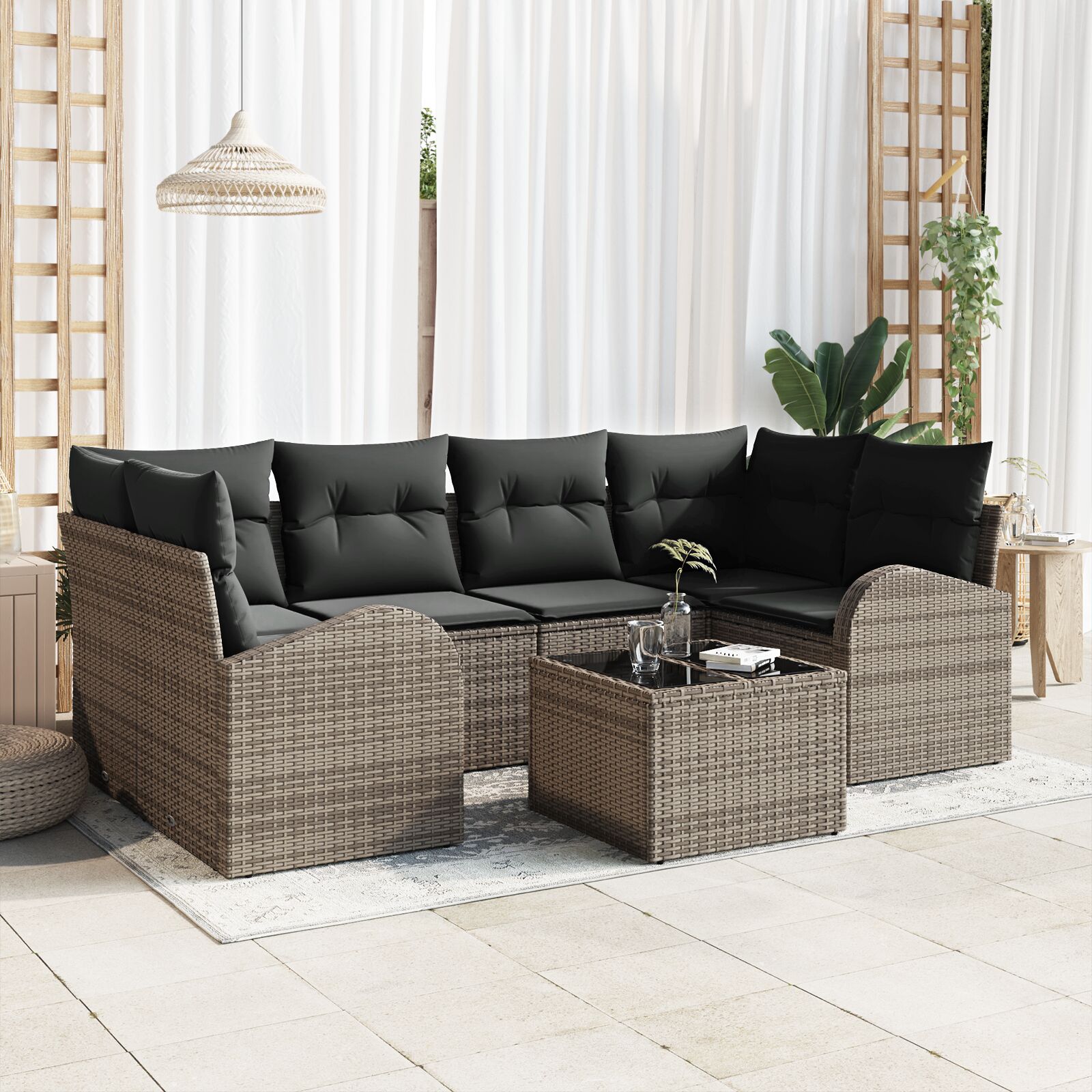 7-teiliges Garten Sofa Set mit Kissen grau Poly Rattan 7-teiliges Garten Sofa Set mit Kissen grau Poly Rattan