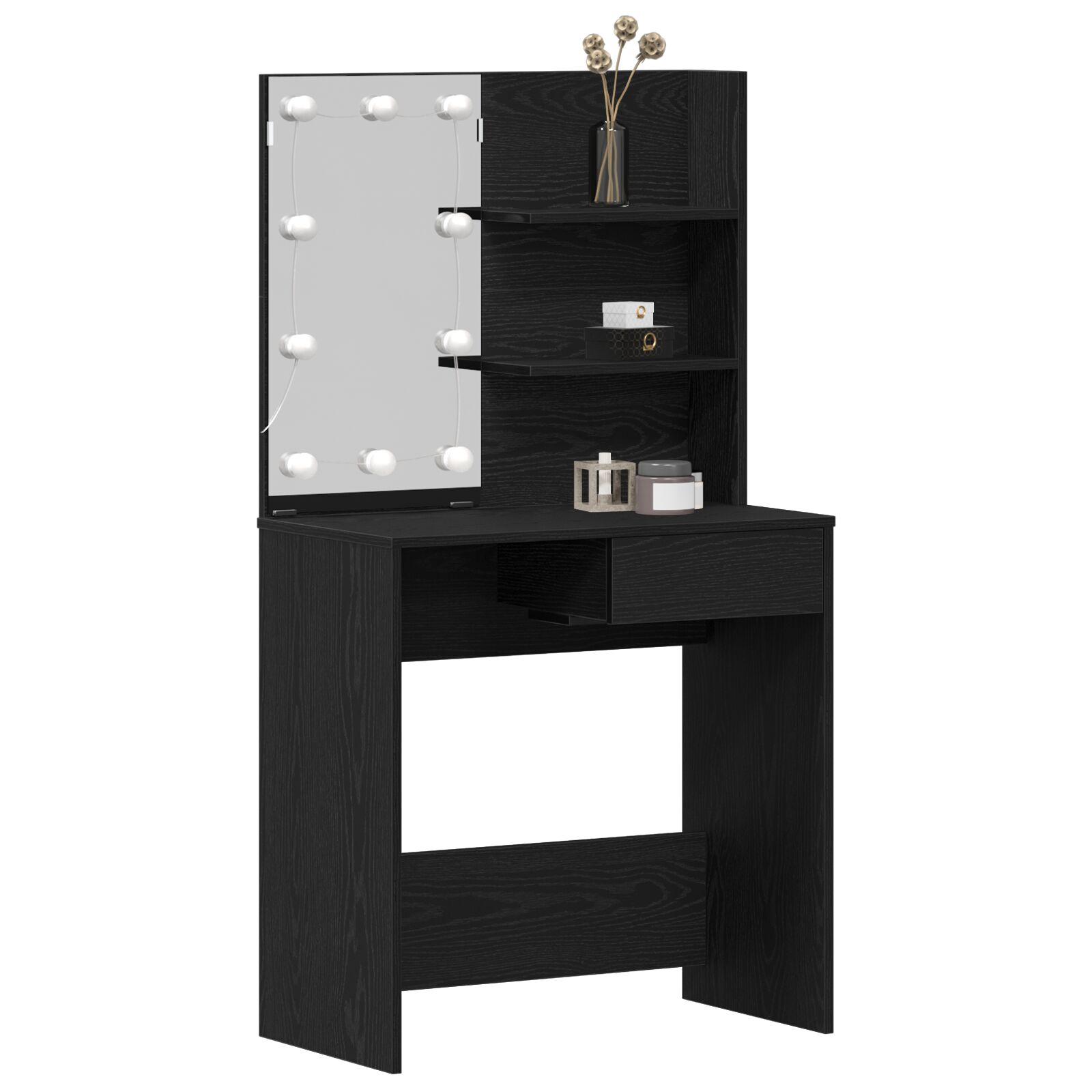 LED Schminktisch in Schwarz-Eiche - 74.5x40x141 cm, aus Holzwerkstoff