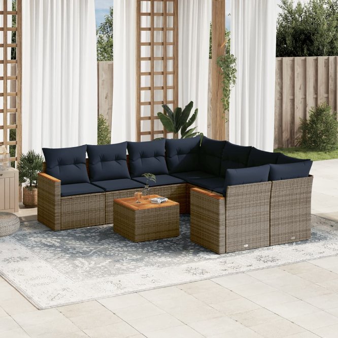 9-teiliges Gartensofa-Set mit Kissen, grau, Polyrattan 9-teiliges Gartensofa-Set mit Kissen, grau, Polyrattan