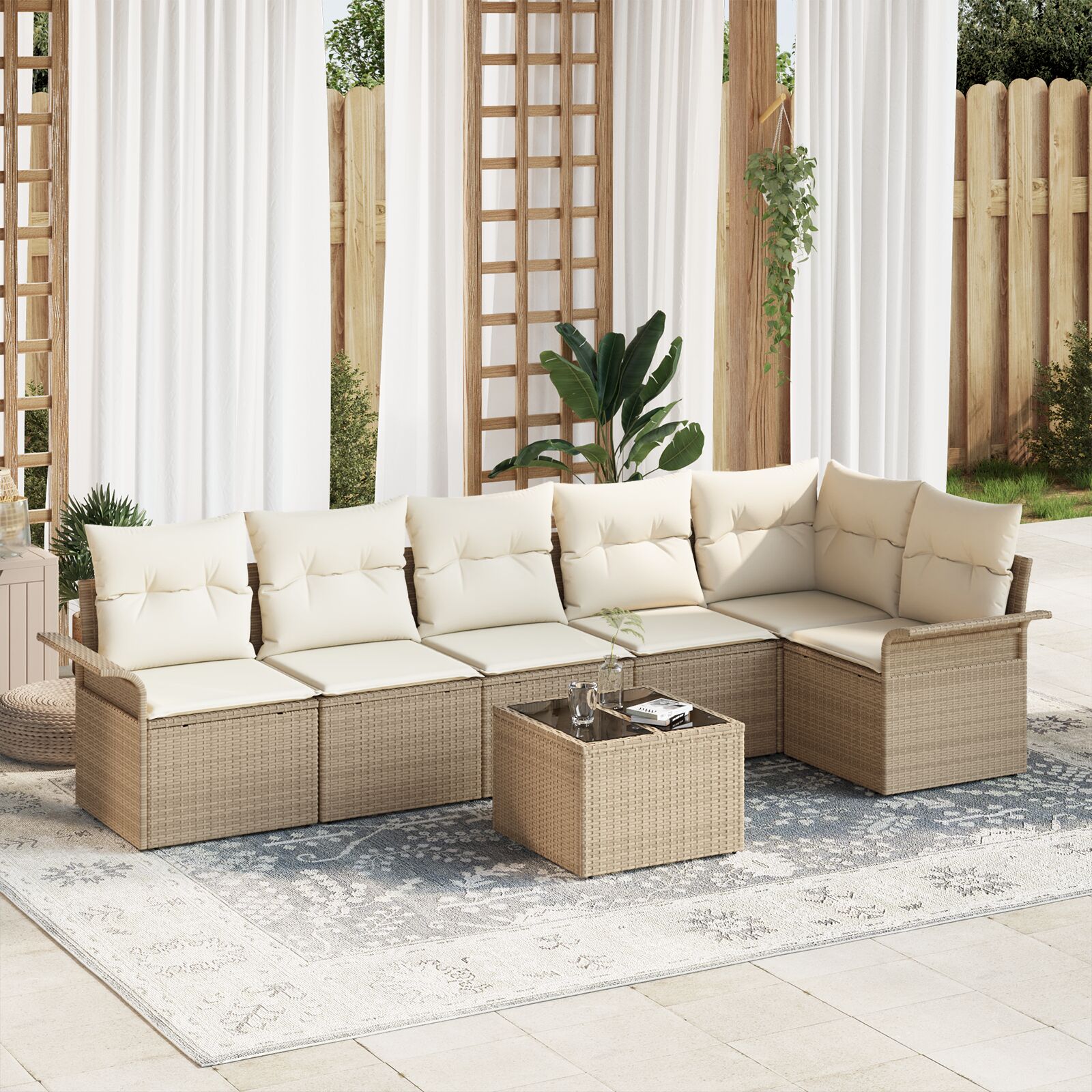 7-teiliges Garten Sofa Set mit Kissen Braun Poly Rattan 7-teiliges Garten Sofa Set mit Kissen Braun Poly Rattan