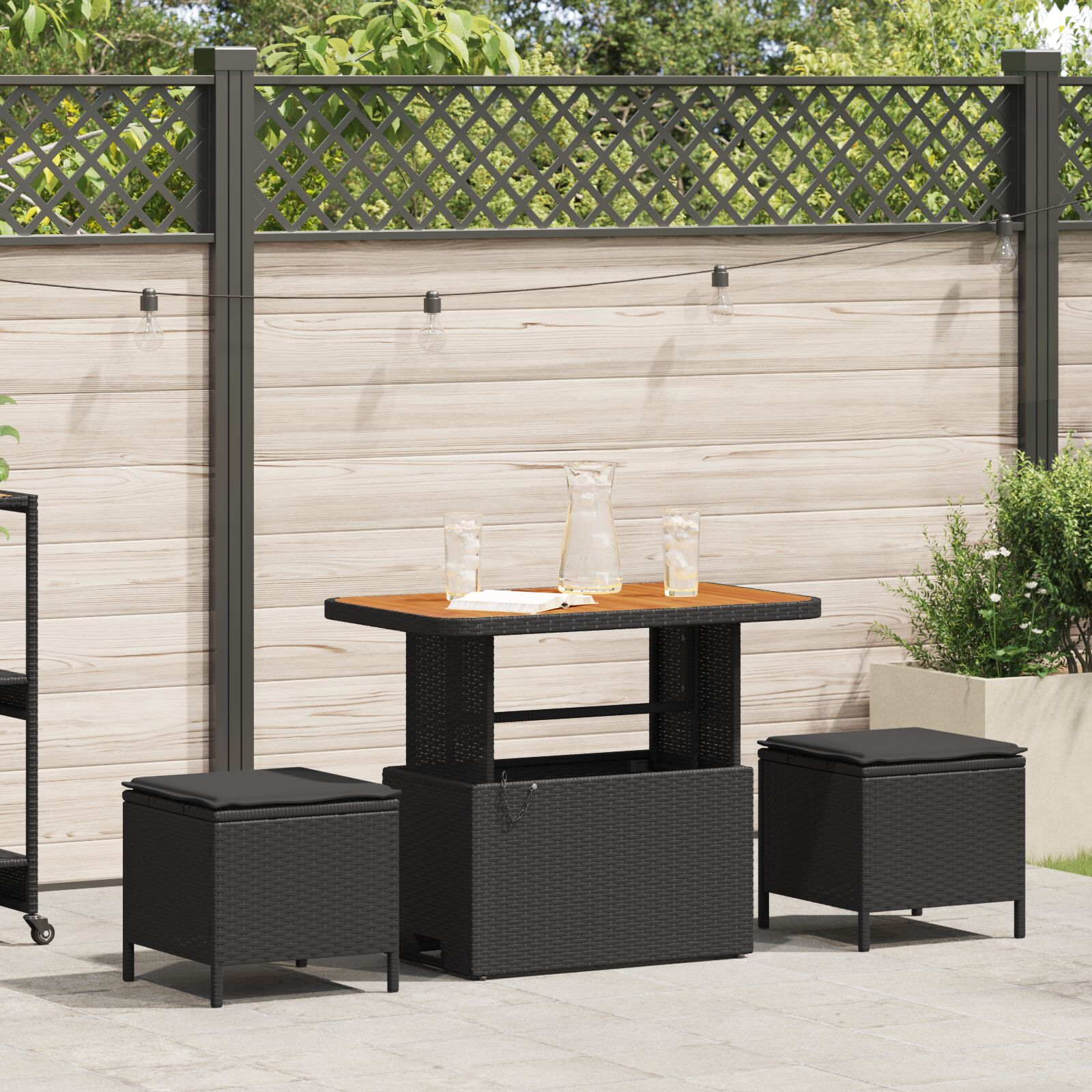 3-teiliges Garten-Esszimmer-Set mit Kissen Schwarz Poly Rattan Akazie 3-teiliges Garten-Esszimmer-Set mit Kissen Schwarz Poly Rattan Akazie