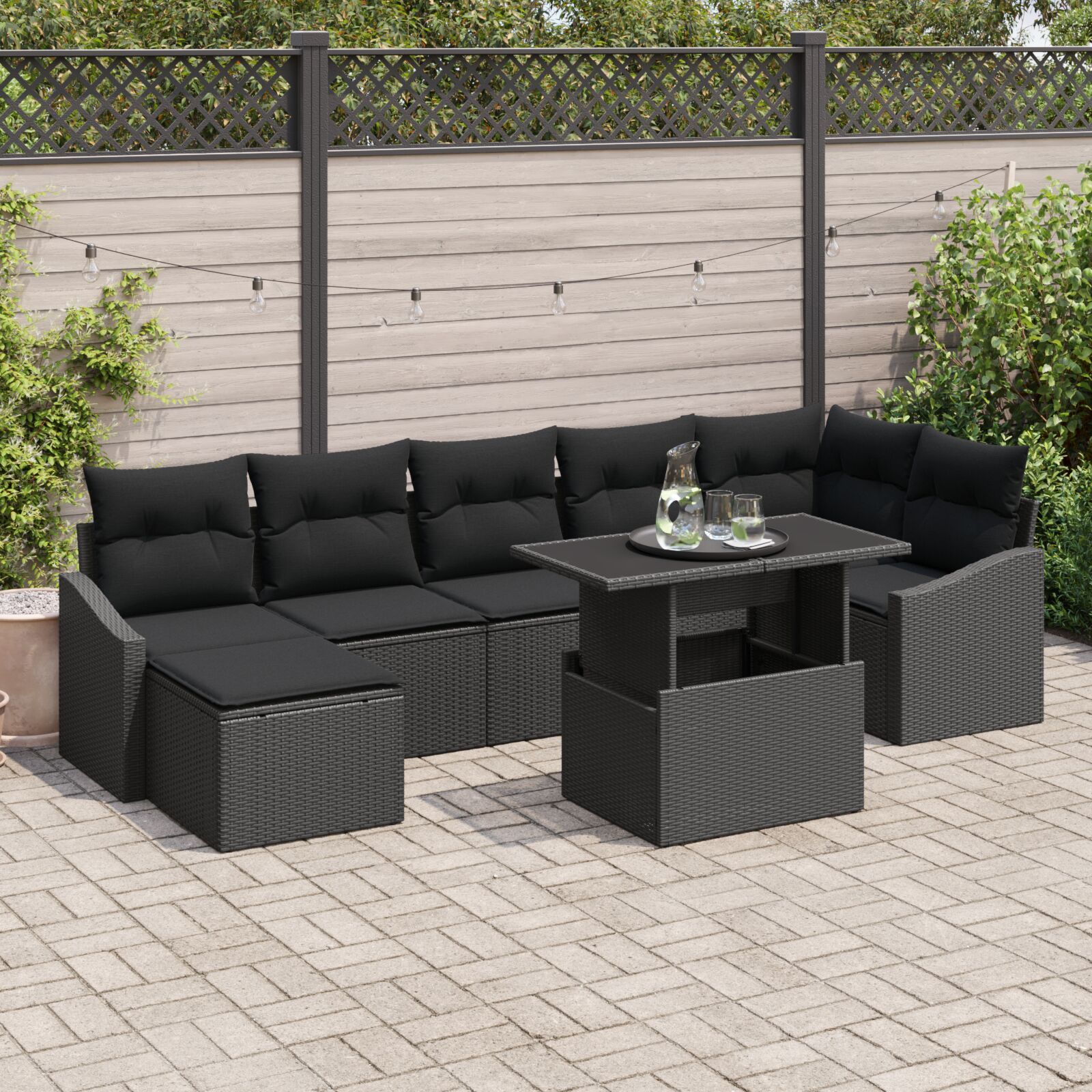 8-teiliges Garten Sofa Set mit Kissen in schwarzem Poly Rattan