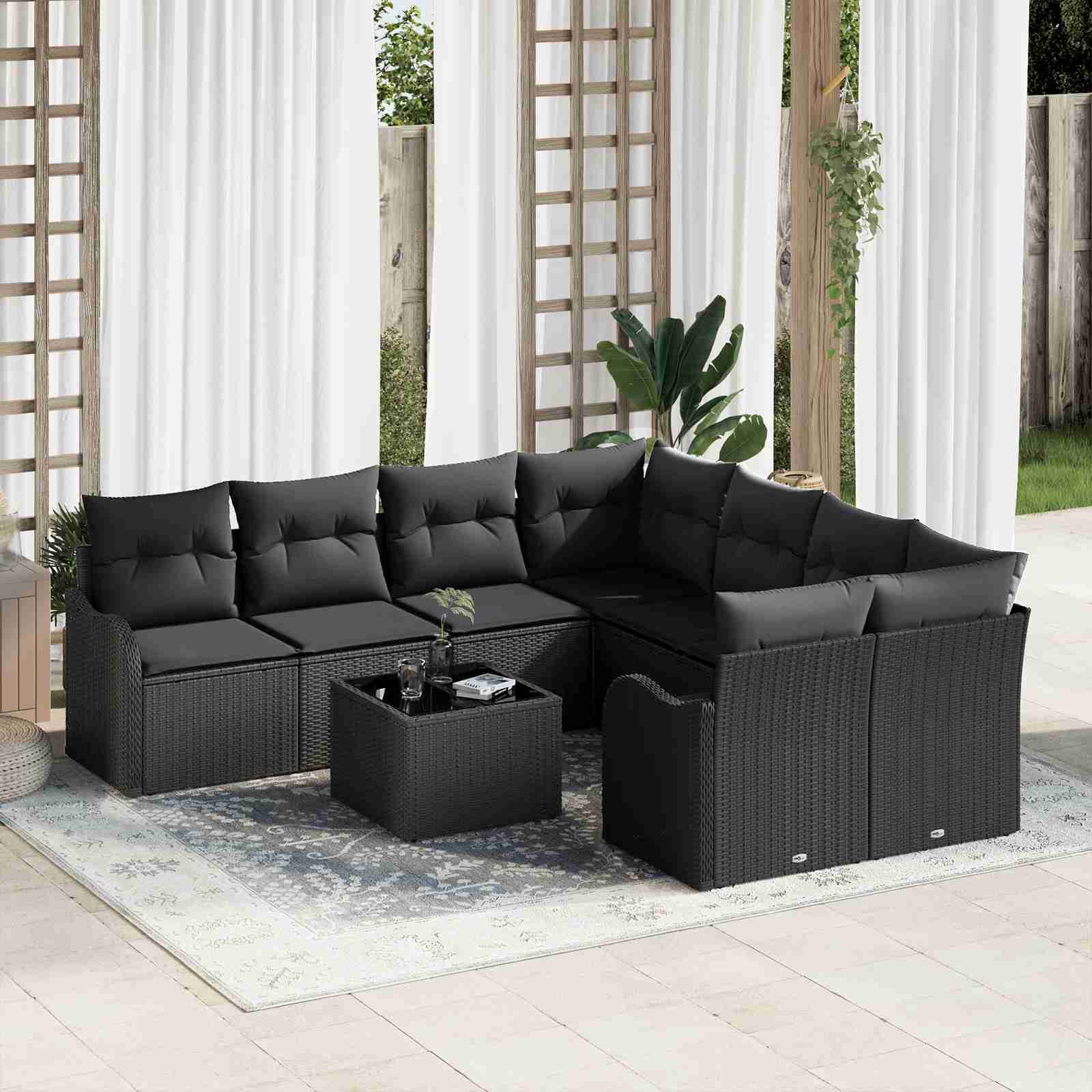 9-teiliges Garten Sofa Set mit Kissen Schwarz Poly Rattan 9-teiliges Garten Sofa Set mit Kissen Schwarz Poly Rattan