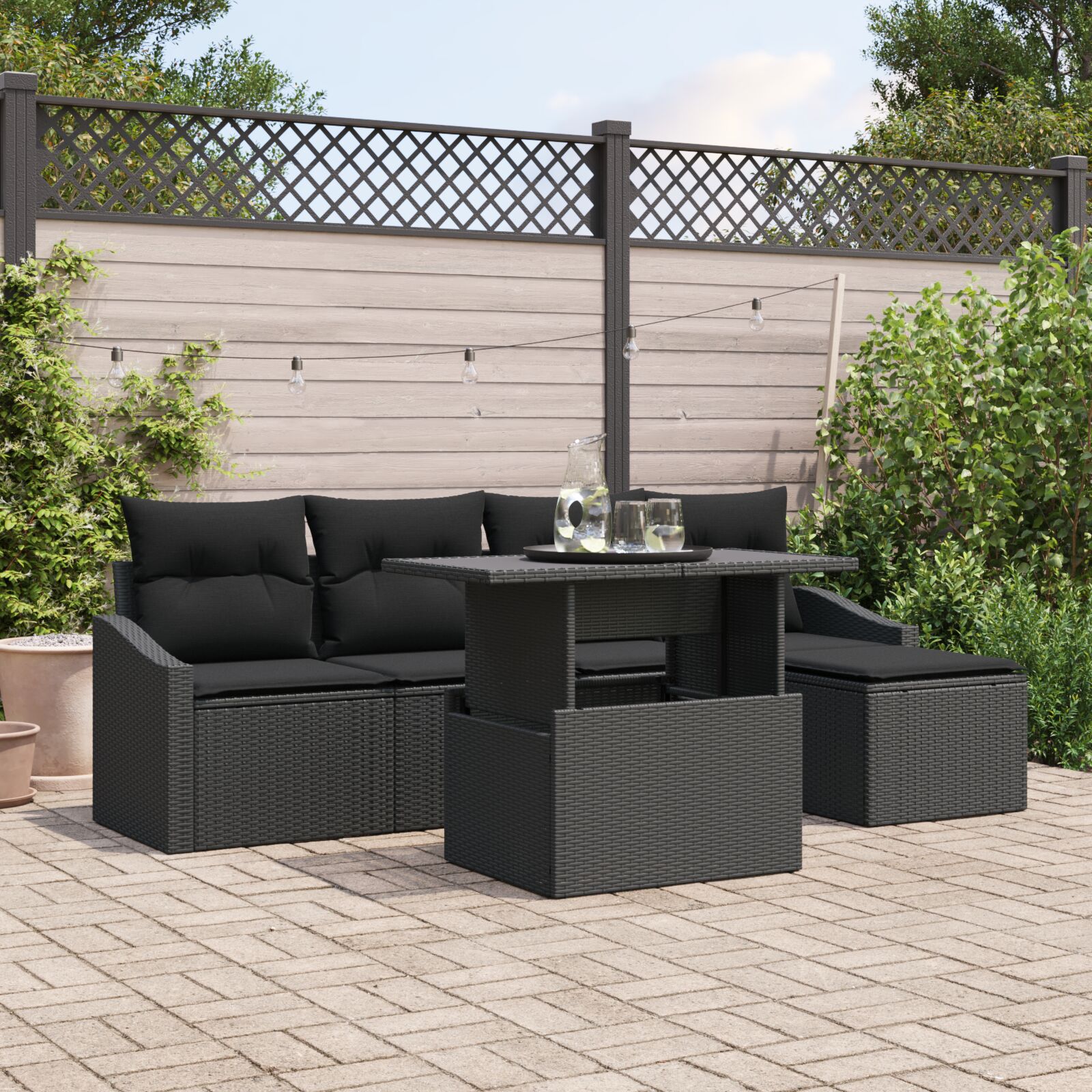 vidaXL Garten Sofa Set 6-teilig Schwarz Rattan und Polyester Gartenmöbel