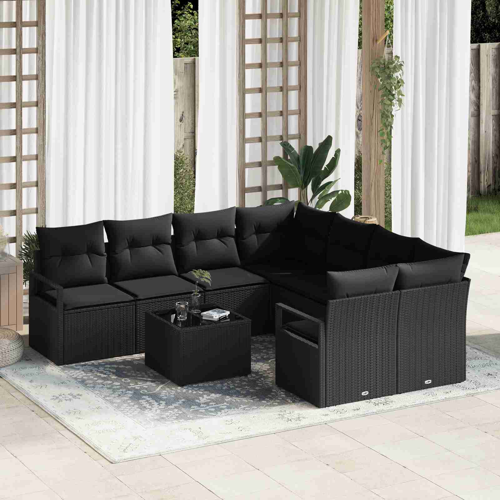 9-teiliges Garten-Sofa-Set mit Kissen Schwarz Poly Rattan