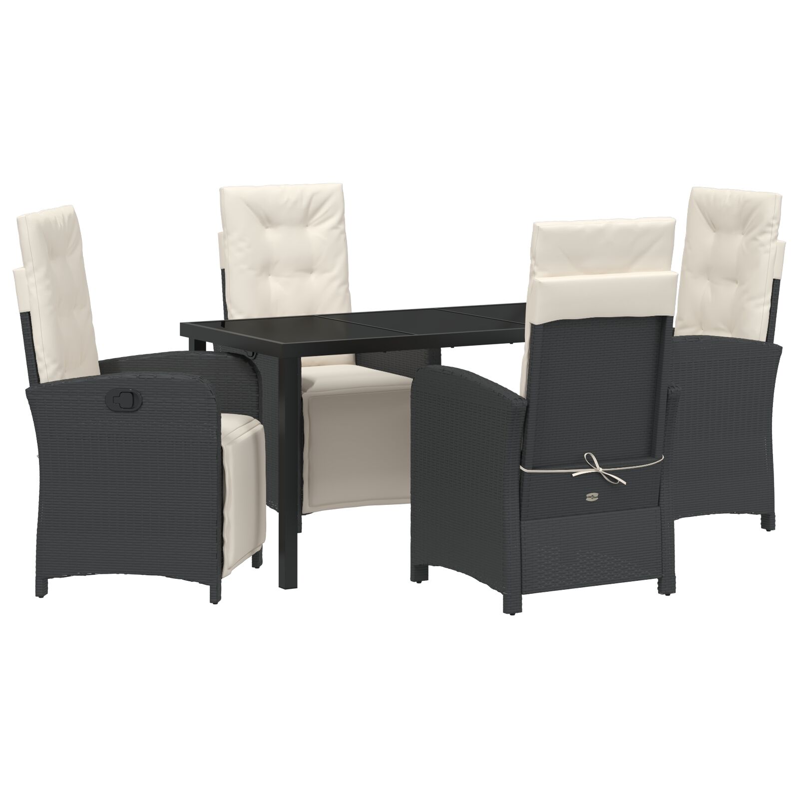 5-teiliges Garten-Essset mit Kissen in Schwarz Poly Rattan, Gartentisch Schwarz 140x80x73 cm mit Sicherheitsglas