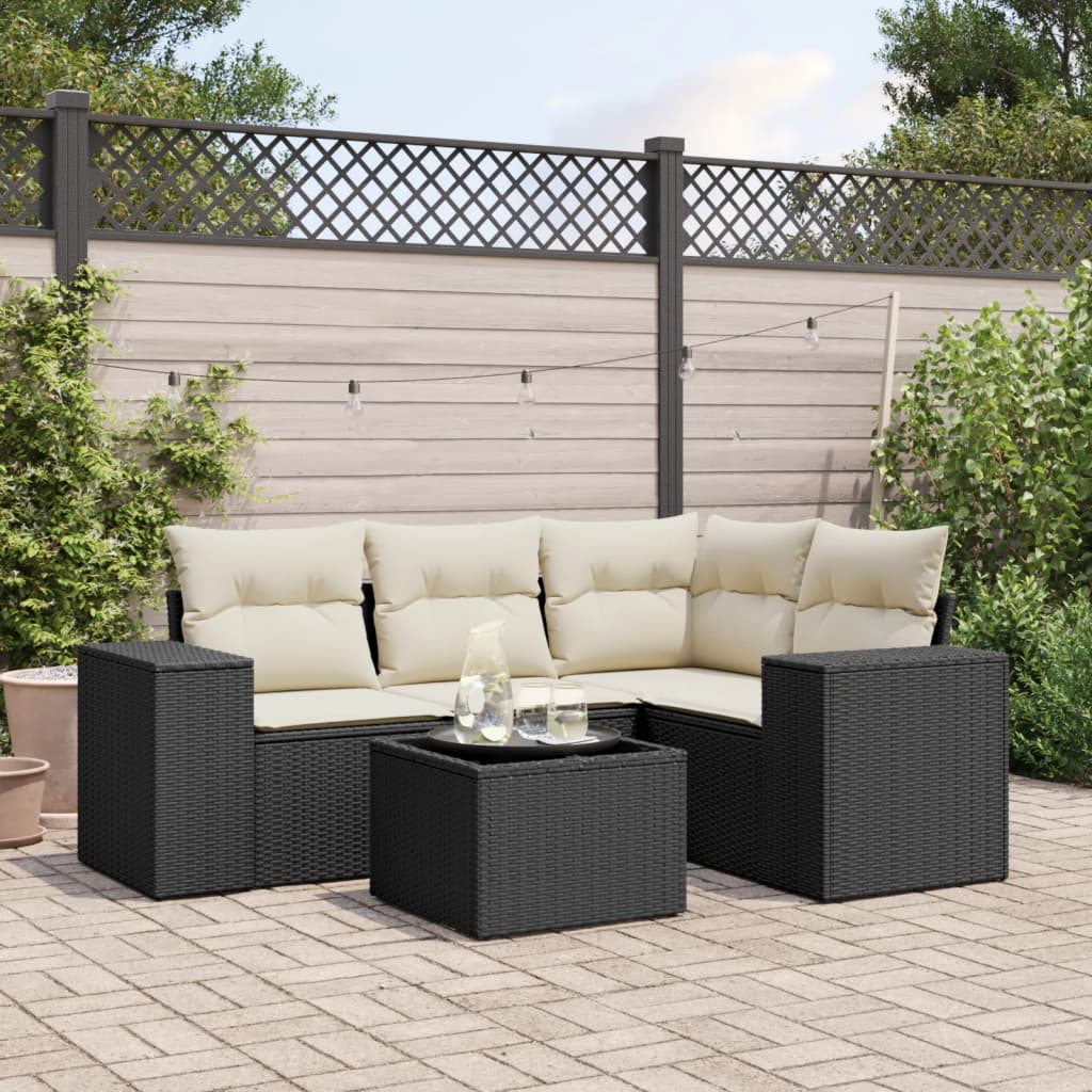 5-tlg. Garten-Sofagarnitur mit Kissen Schwarz Poly Rattan 5-tlg. Garten-Sofagarnitur mit Kissen Schwarz Poly Rattan