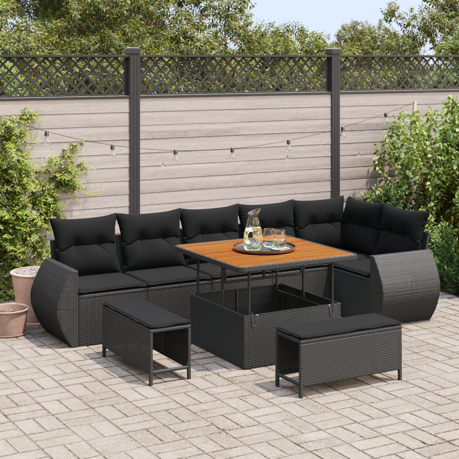 9 Teile Garten Sofa Set mit Kissen, Schwarz Poly Rattan Akazie 9 Teile Garten Sofa Set mit Kissen, Schwarz Poly Rattan Akazie