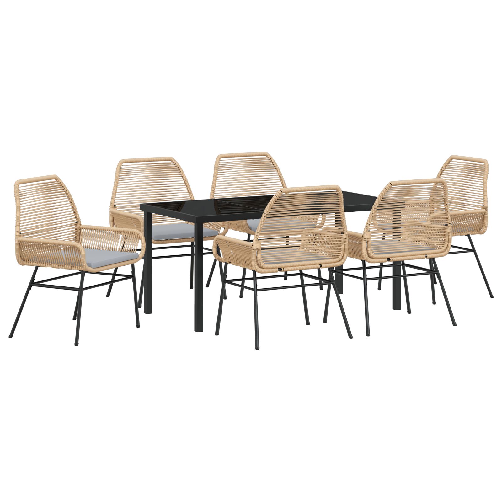 7-teiliges Garten-Essset mit Kissen in Braun aus Poly-Rattan