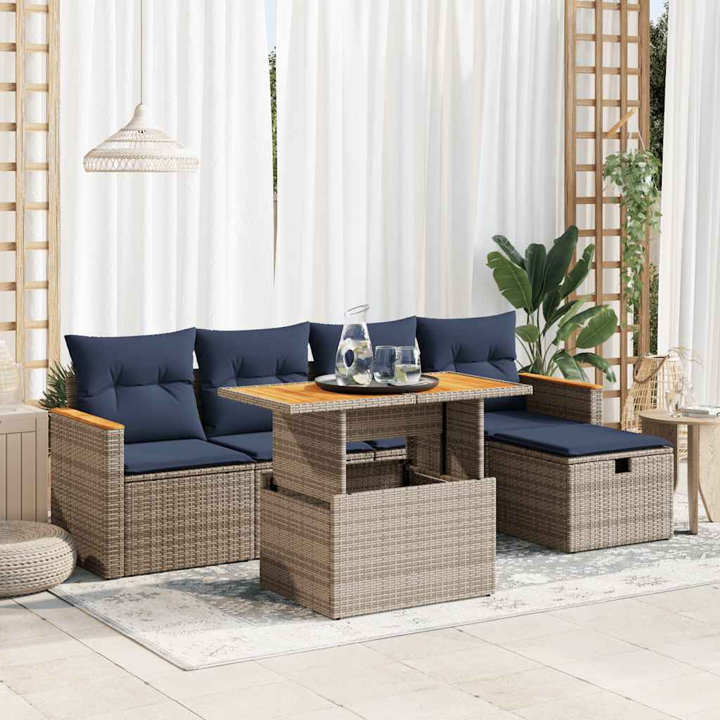 6-tlg. Garten-Sofagarnitur mit Kissen Grau Poly Rattan Akazie 6-tlg. Garten-Sofagarnitur mit Kissen Grau Poly Rattan Akazie