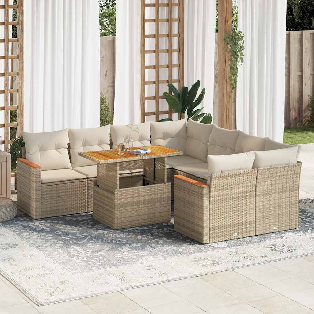 9-tlg. Garten-Sofagarnitur mit Kissen Beige Poly Rattan Akazie 9-tlg. Garten-Sofagarnitur mit Kissen Beige Poly Rattan Akazie