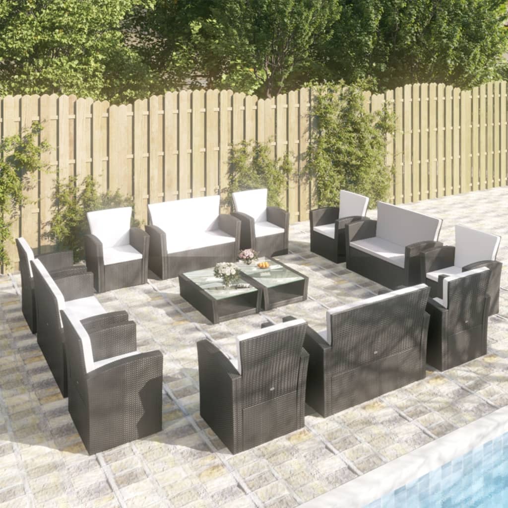 16-tlg. Garten-Lounge-Set mit Kissen Poly-Rattan Schwarz 16-tlg. Garten-Lounge-Set mit Kissen Poly-Rattan Schwarz
