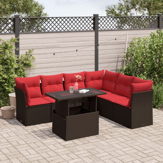 7-teiliges Gartensofa-Set mit Kissen, braun, Polyrattan 7-teiliges Gartensofa-Set mit Kissen, braun, Polyrattan
