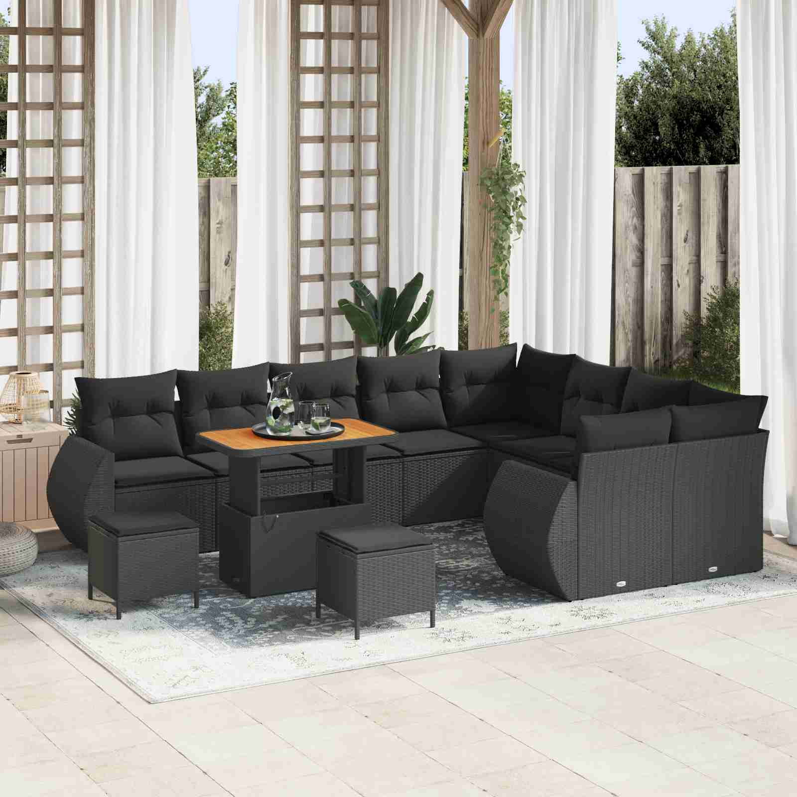 12-teiliges Garten Sofa Set mit Kissen Schwarz Poly-Rattan Akazie