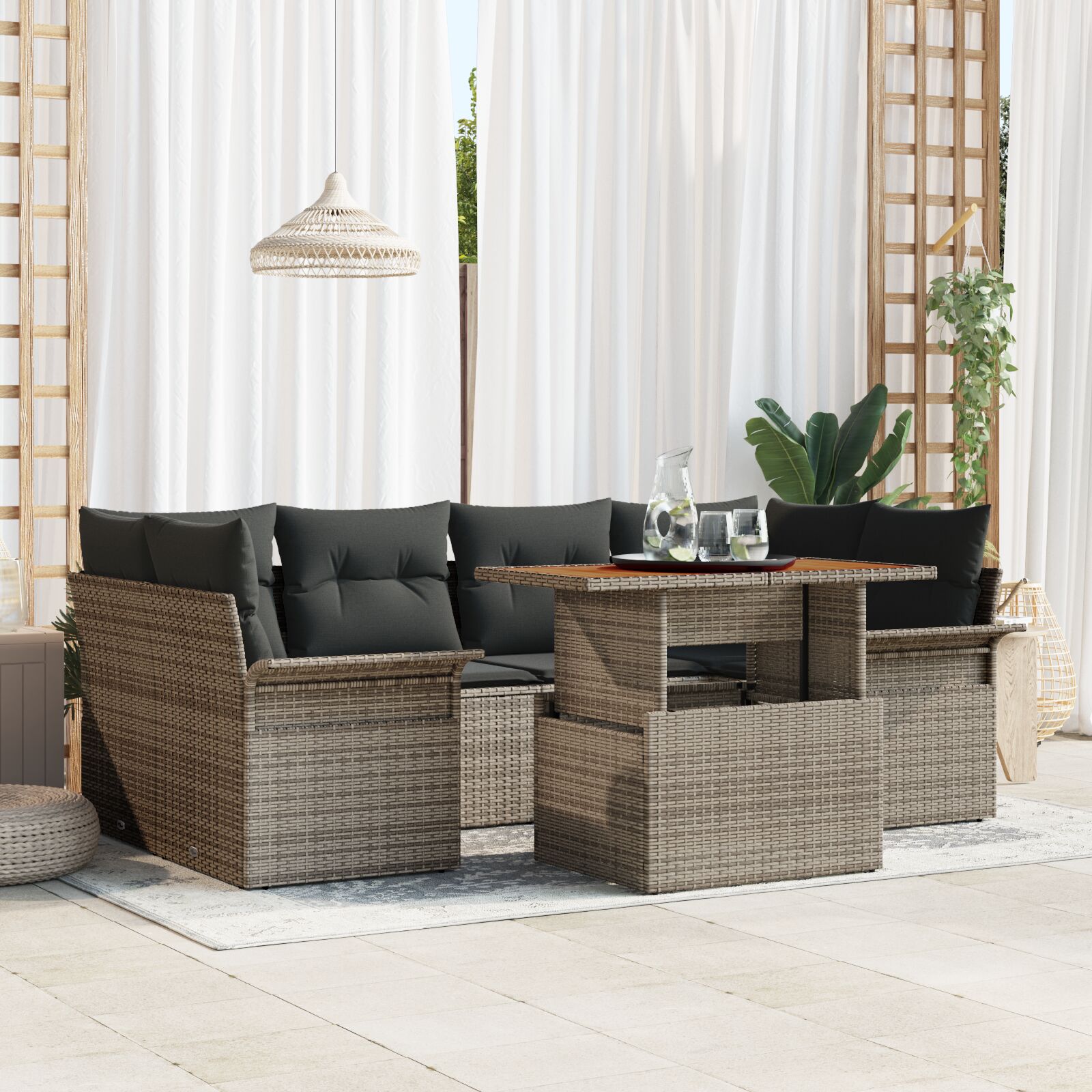 vidaXL Garten-Sofa-Set 7-teilig Grau Rattan Garten-Sofa-Set Rechteckig