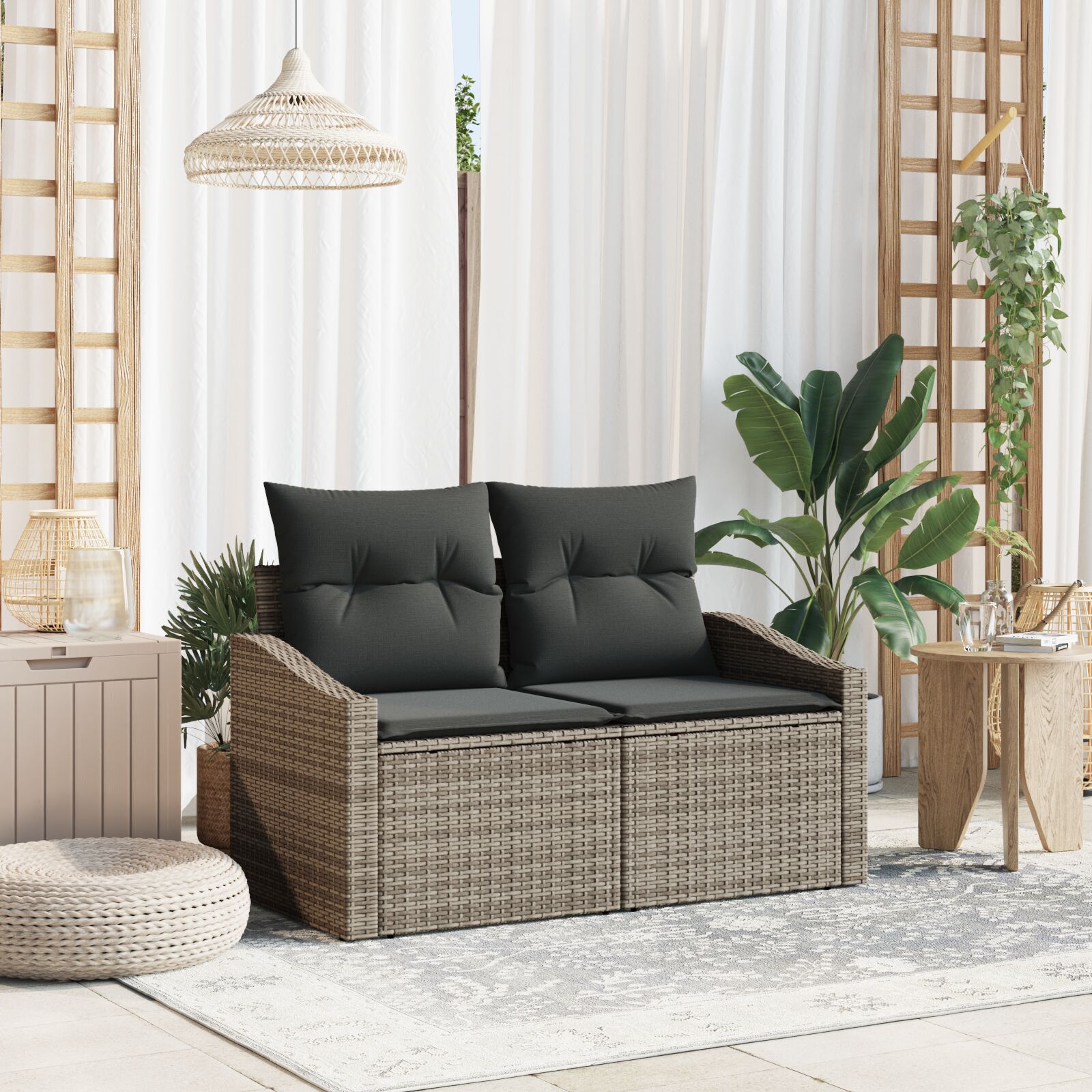 2-Sitzer Gartenbank mit Stauraum und Kissen Grau Poly Rattan 2-Sitzer Gartenbank mit Stauraum und Kissen Grau Poly Rattan