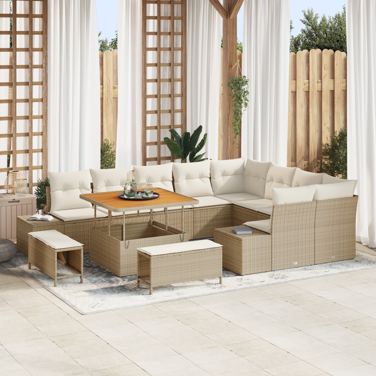 12-teiliges Garten-Sofa-Set mit Kissen in Beige Poly Rattan Akazie 12-teiliges Garten-Sofa-Set mit Kissen in Beige Poly Rattan Akazie